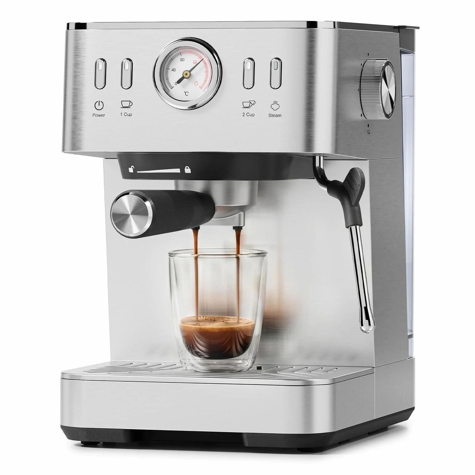 Compact Espresso Machine with Temperature Display & Milk Frother | 20 Bar Pump, Fast Brew, Easy to Use, Stainless Steel, 50oz Removable Water Tank, Cappuccino & Latte Machine for Home, Silver