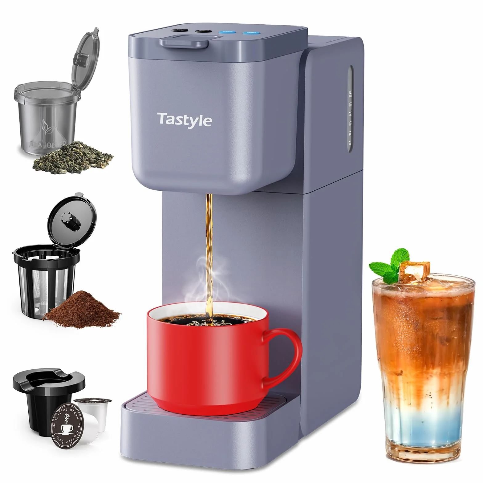 Tastyle Single Serve Coffee Maker for K Cup, Ground and Tea | Hot and Iced Coffee Machines with Bold Setting, 6 to 16 Oz Brew Sizes, Compact for Small Spaces, Gray (2.0 Version)