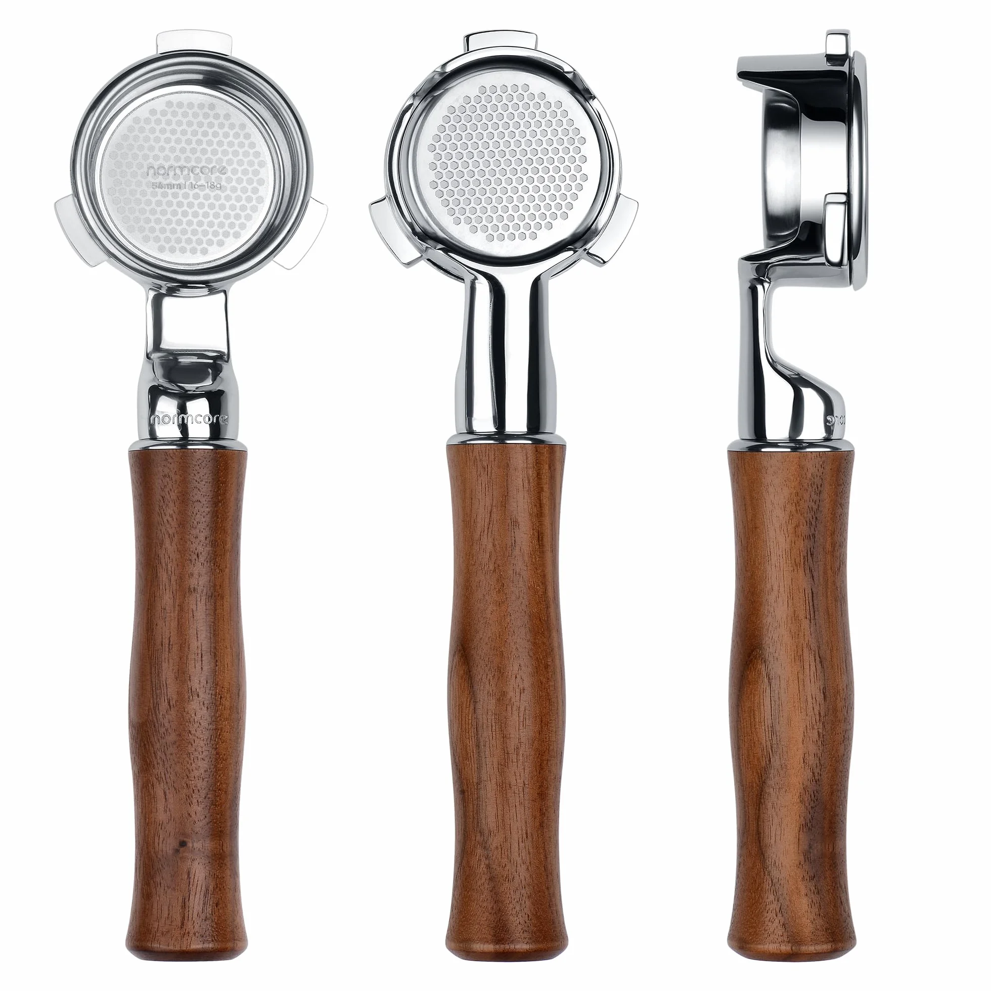 Normcore 54mm Slim Naked Portafilter with 18g Precision High Extraction Basket, Genuine American Walnut Handle Fits 54mm Machines