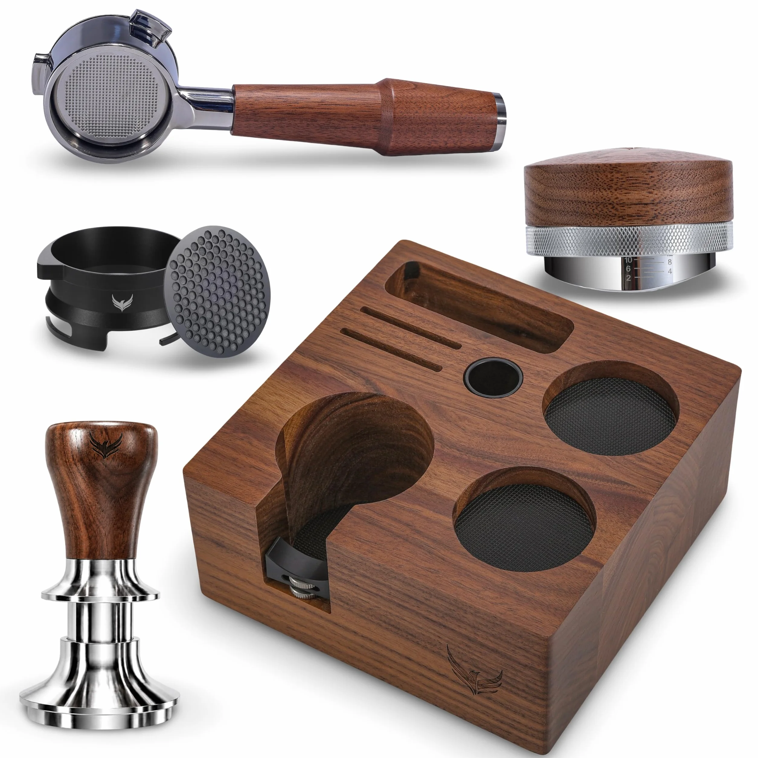 Barista Express Accessories Kit 6pcs Includes 54mm Walnut Tamping Stand, Self Leveling Tamper, Distributor, Bottomless Portafilter, Dosing Funnel and Puck Screen