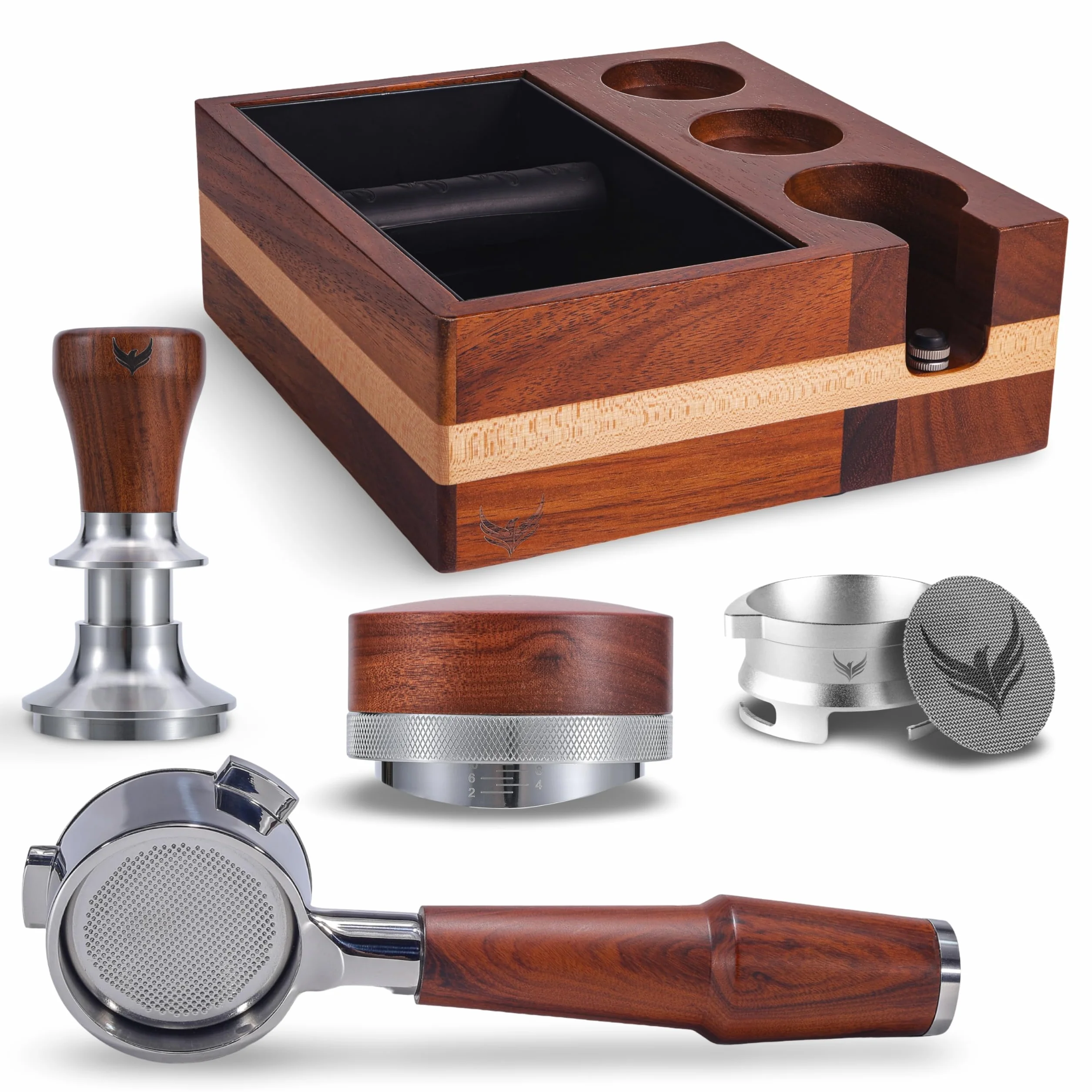 54mm Espresso Machine Accessories Kit 6 pcs 54mm Portafilter, Spring Loaded Tamper, Espresso Distributor, Dosing Funnel, Puck Screen and Espresso Station Organizer Knock Box