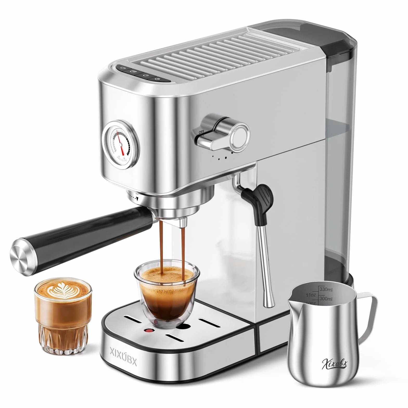 XIXUBX Espresso Machine with Milk Frother for Cappuccino & Latte for Home | 20-Bar Pump, Built-in Pressure Gauge, Powerful Steam Wand, Milk Frothing Pitcher, 42 oz Removable Water Tank, Stainless Steel
