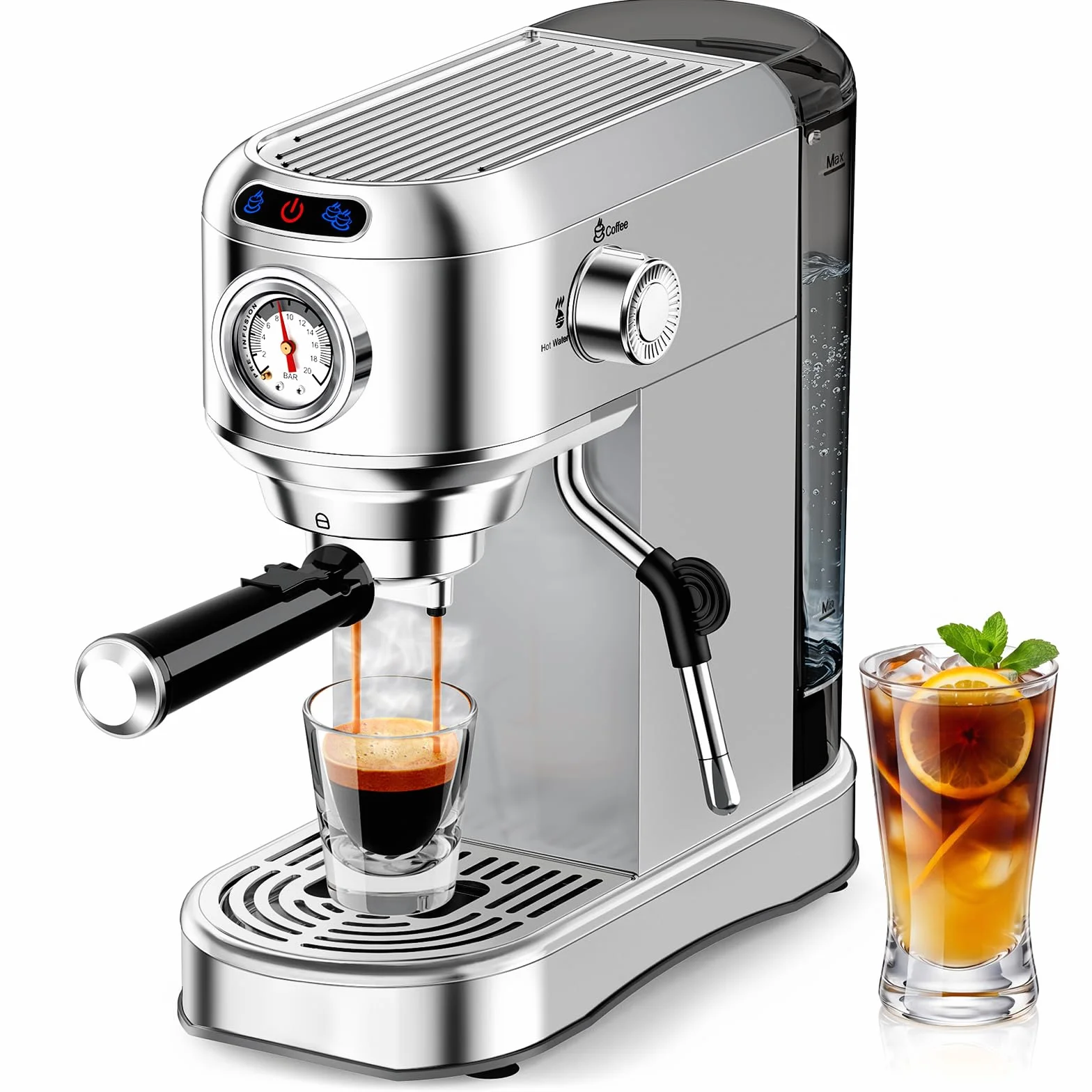Espresso Machine 20 Bar, Compact Espresso Coffee Machine with Milk Frother, Stainless Steel Coffee Maker with 34oz Removable Water Tank, Cappuccino Machine for Home, Office, Latte (Silver)
