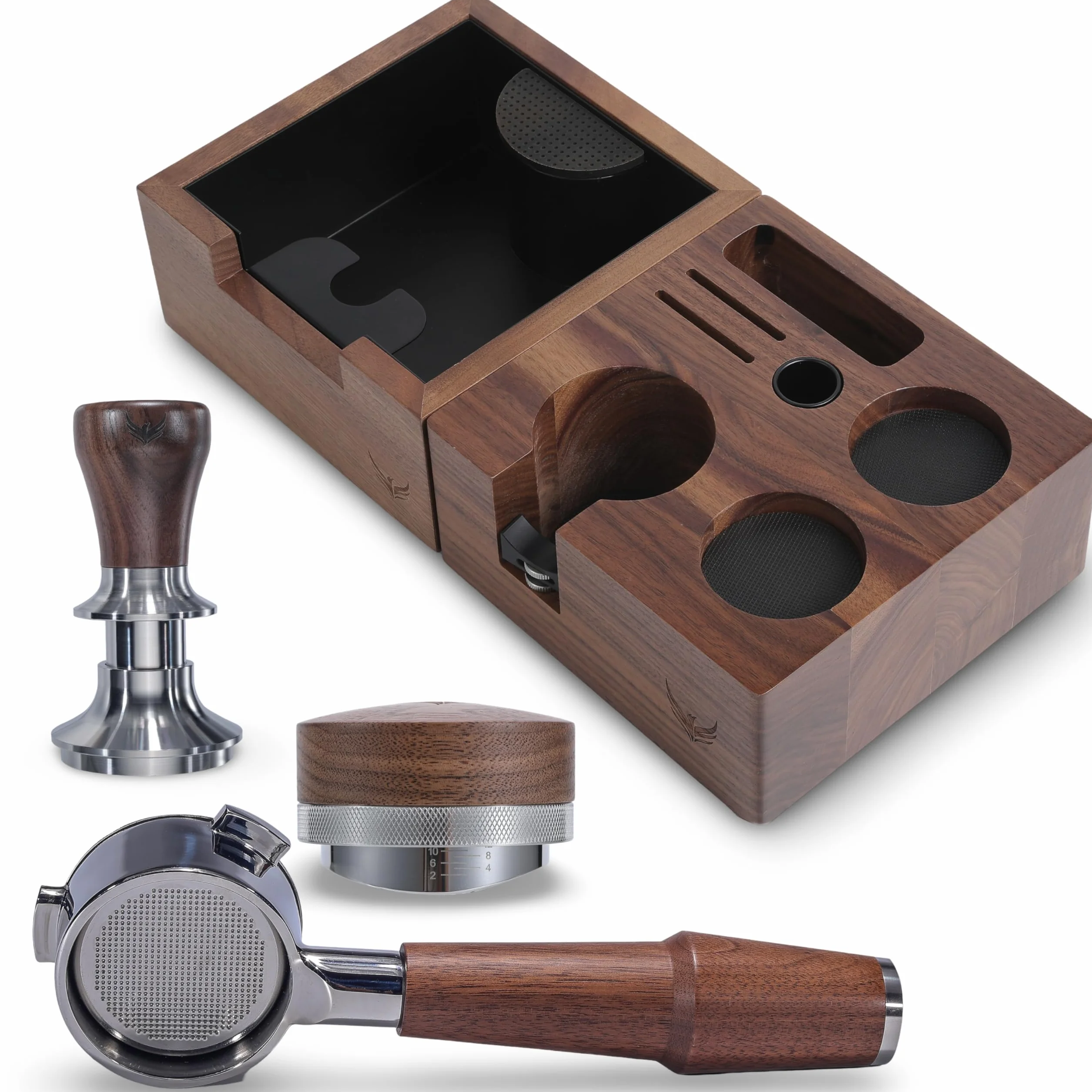 54mm Accessories Kit Espresso Tamper, Bottomless Portafilter, Distributor, Knock Box & Tamp Station | Coffee Accessories for Express, Pro, Touch, Bambino