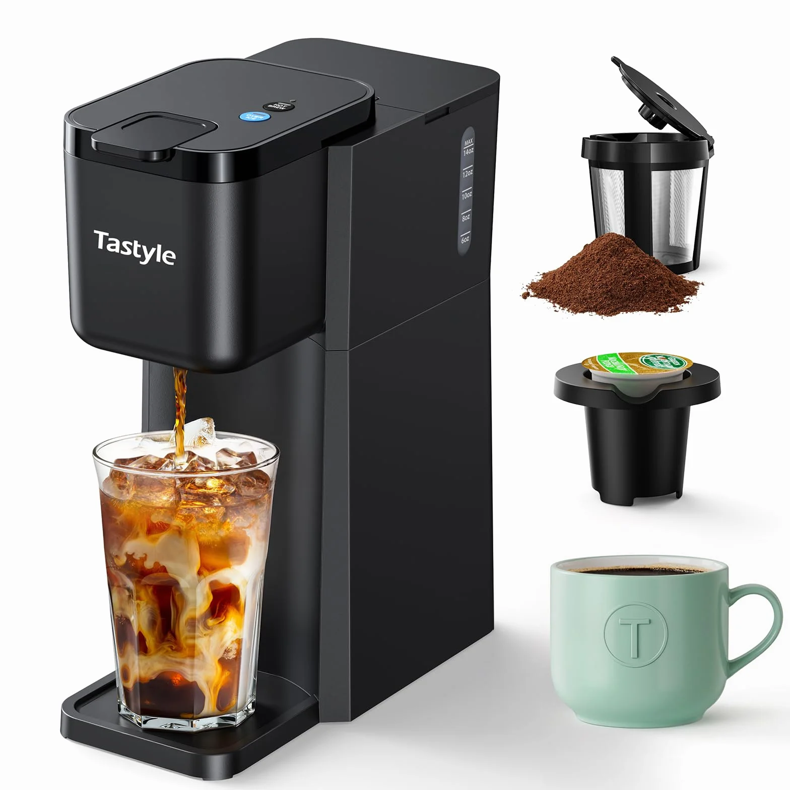 Tastyle Mini Single Serve Hot and Iced Coffee Maker for K Cup and Ground | 6 to14 Oz Brew Sizes, with Recipe Book, for Home, Travel, RV, Office and Dorm, 120V, K310IC, 2.0 version, Classic Black