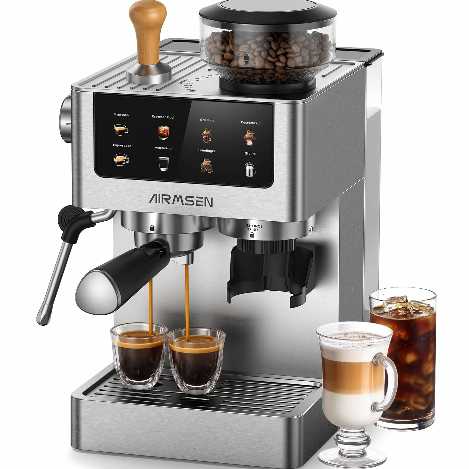 Espresso Machines with Burr Grinder, 20 Bar, Milk Frother Steam Wand, Stainless Steel Coffee Maker for Home - Cappuccino Latte & ​​Cold Brew​​ Iced Coffee Maker & Americano