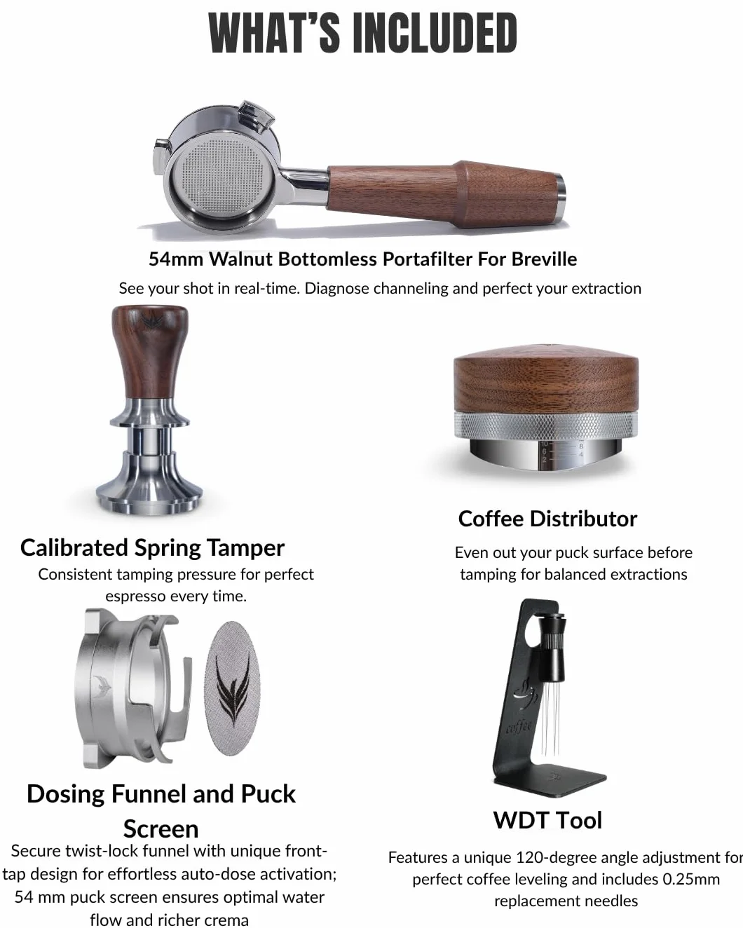 Espresso Machine Accessories Set 54mm Walnut Bottomless Portafilter, Calibrated Tamper, Coffee Distributor, WDT Tool, Espresso Funnel and Filter