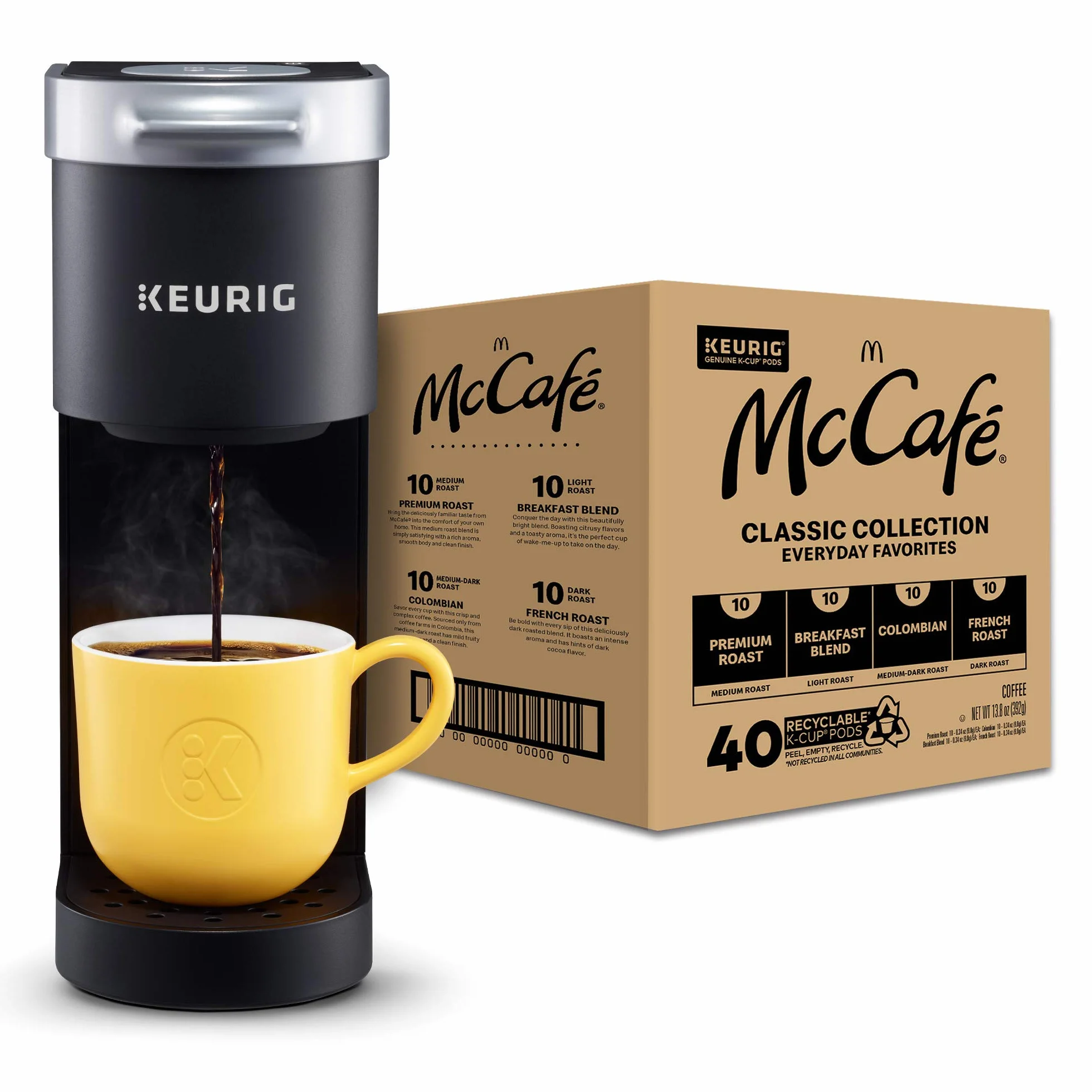 K-Mini Coffee Maker, Single Serve K-Cup Pod Coffee Brewer, Black with Classic Collection Variety Pack K-Cup Coffee Pods, 40 Count