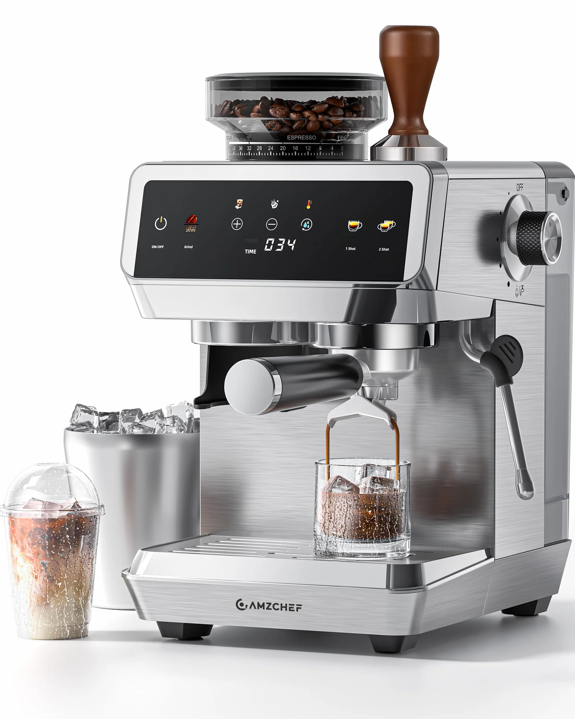 Espresso Machine With Grinder, Temp Control, 44 Grind Settings | Hot & Cold Brew, Cappuccinos & Lattes, Built-in Grinder, Milk Frother, Touch Screen, Easy to Clean, Compact Design, Silver