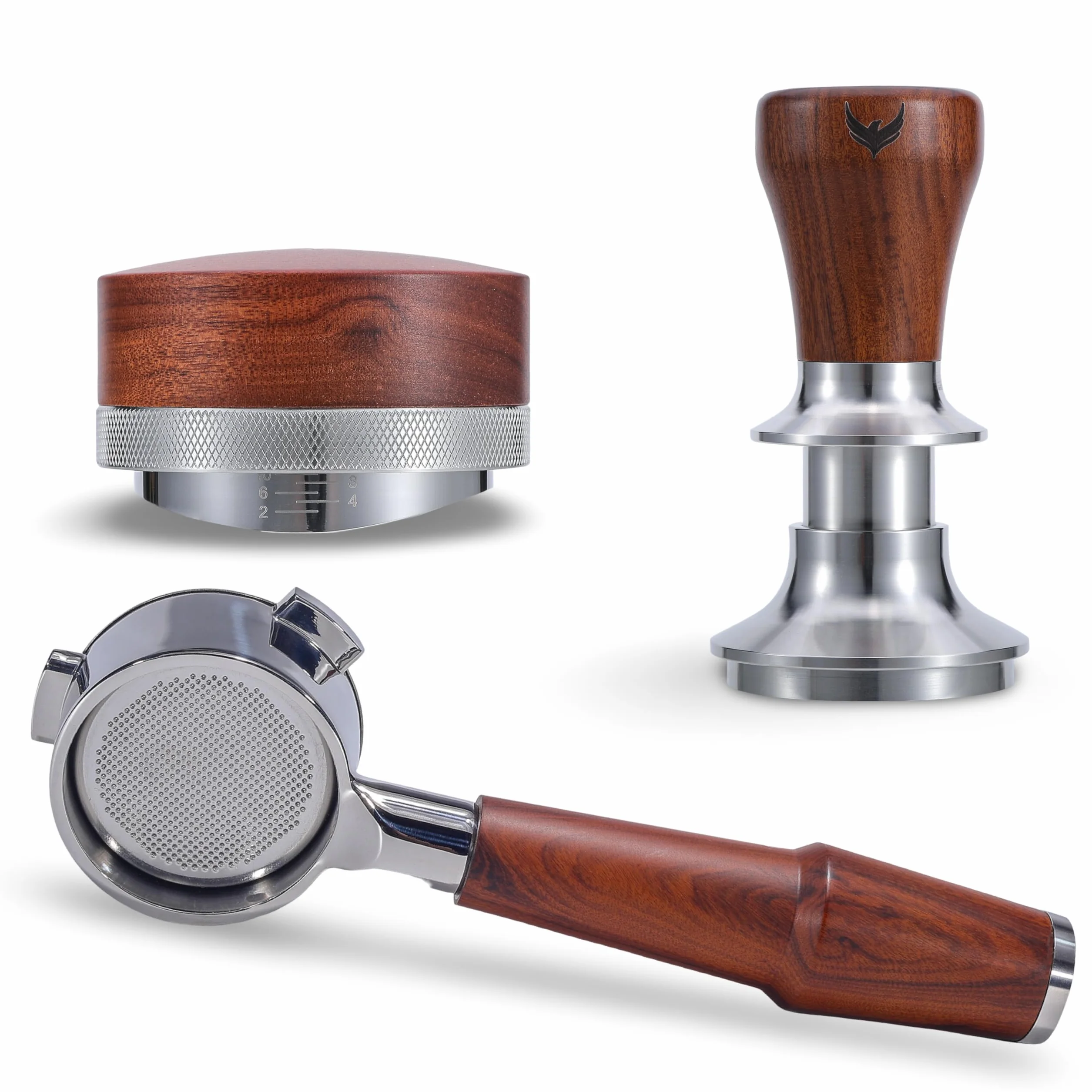 54mm Espresso Machine Accessories Set Coffee Distributor, Spring Loaded Tamper, and Bottomless Portafilter for 54mm Machines