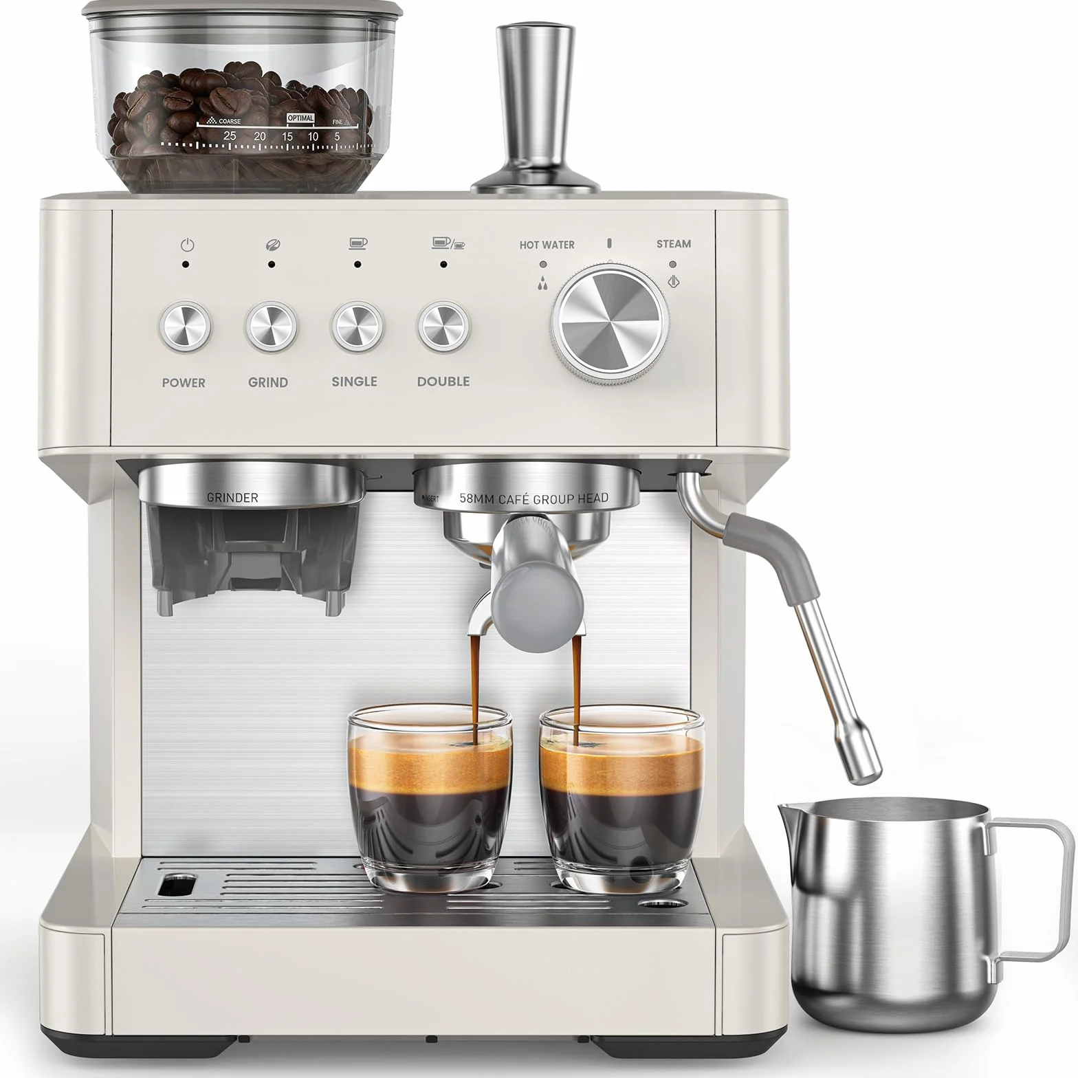 (2026 Upgrade) 20 Bar Espresso Machine with Built-in Anti-Clog Coffee Grinder, Expresso Coffee Machines with Milk Steam Wand/Frother/Tamping Tools,Espresso Maker with Grinder for Lattes-White