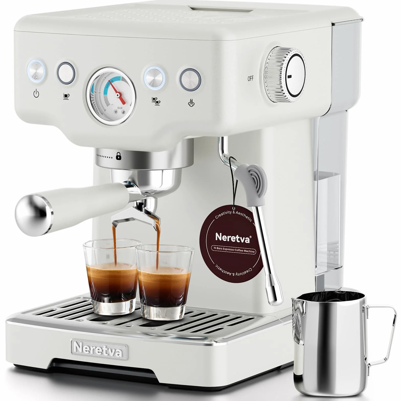 Stainless Steel Espresso Machine with Visible Pressure Guage-White | 15 Bar Professional Espresso Maker with Powerful Milk Frother and LED Display for Home Baristas to Make Latte, Cappuccino