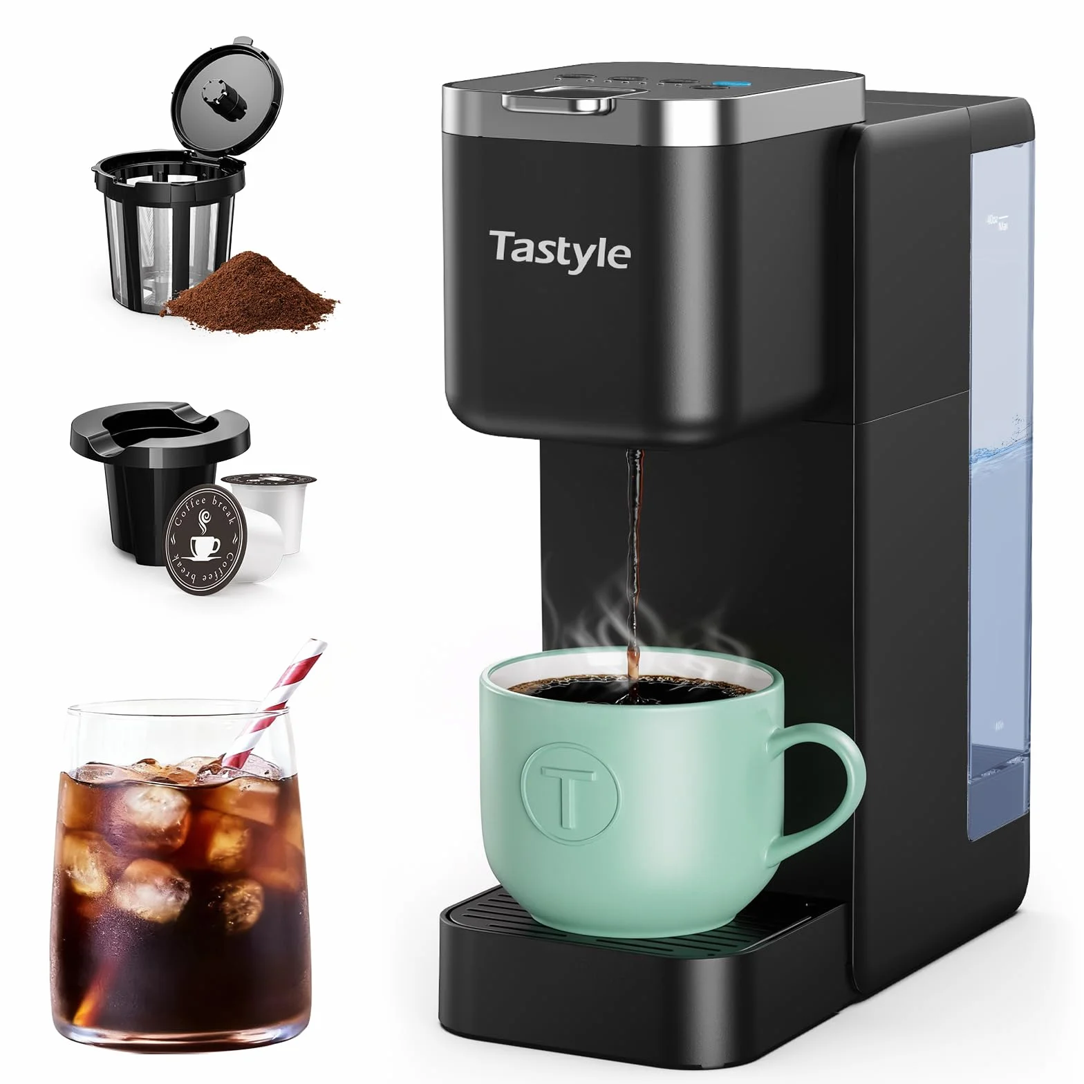 Tastyle Single Serve Coffee Maker for 3 Brew Styles | 40oz Removable Water Tank, 6 to 24oz Brew Size, Compact Design, Fits 7.3" Travel Mug, for Home, RVs and Office, K330IC, Black