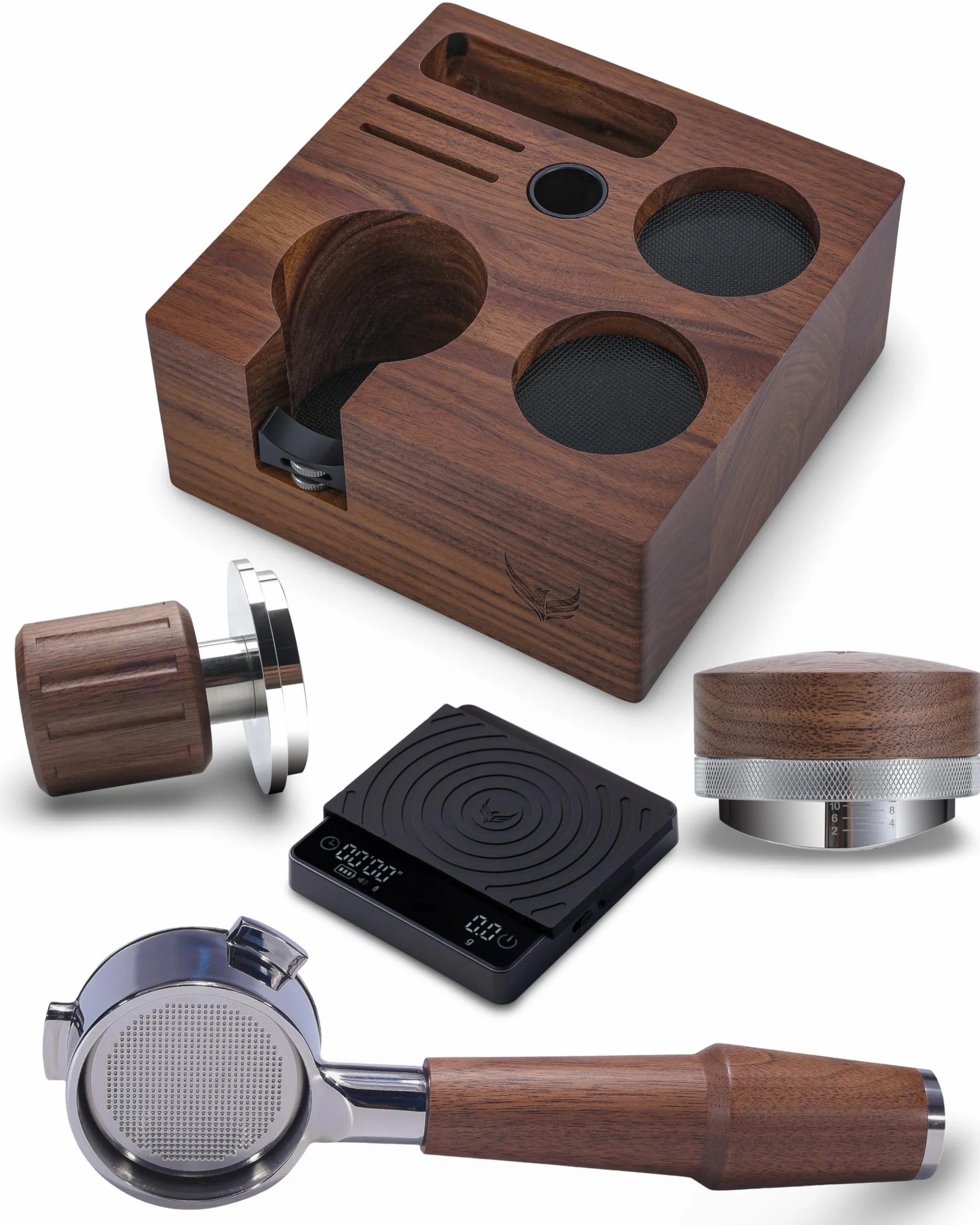 54mm Complete Espresso Kit for  – Walnut Click Tamper, Distributor, Bottomless Portafilter, Digital Scale & Tamping Station | Improve Crema, Reduce Channeling, Consistent Extractions