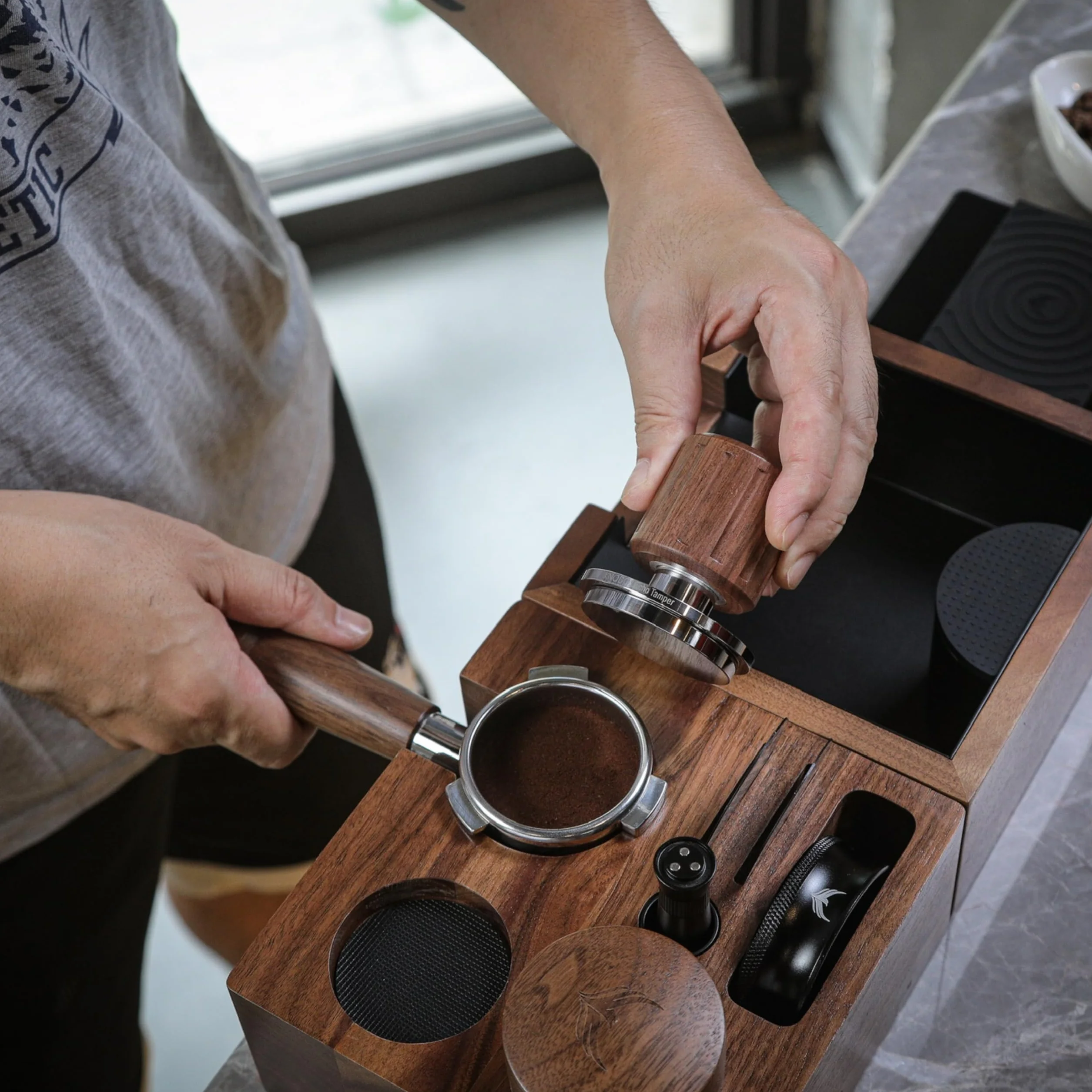 54mm Espresso Accessories Set – Echo Tamper, Bottomless Portafilter, Coffee Distributor, Knock Box & Walnut Tamping Station | Barista Express, Pro, Touch, Bambino Plus