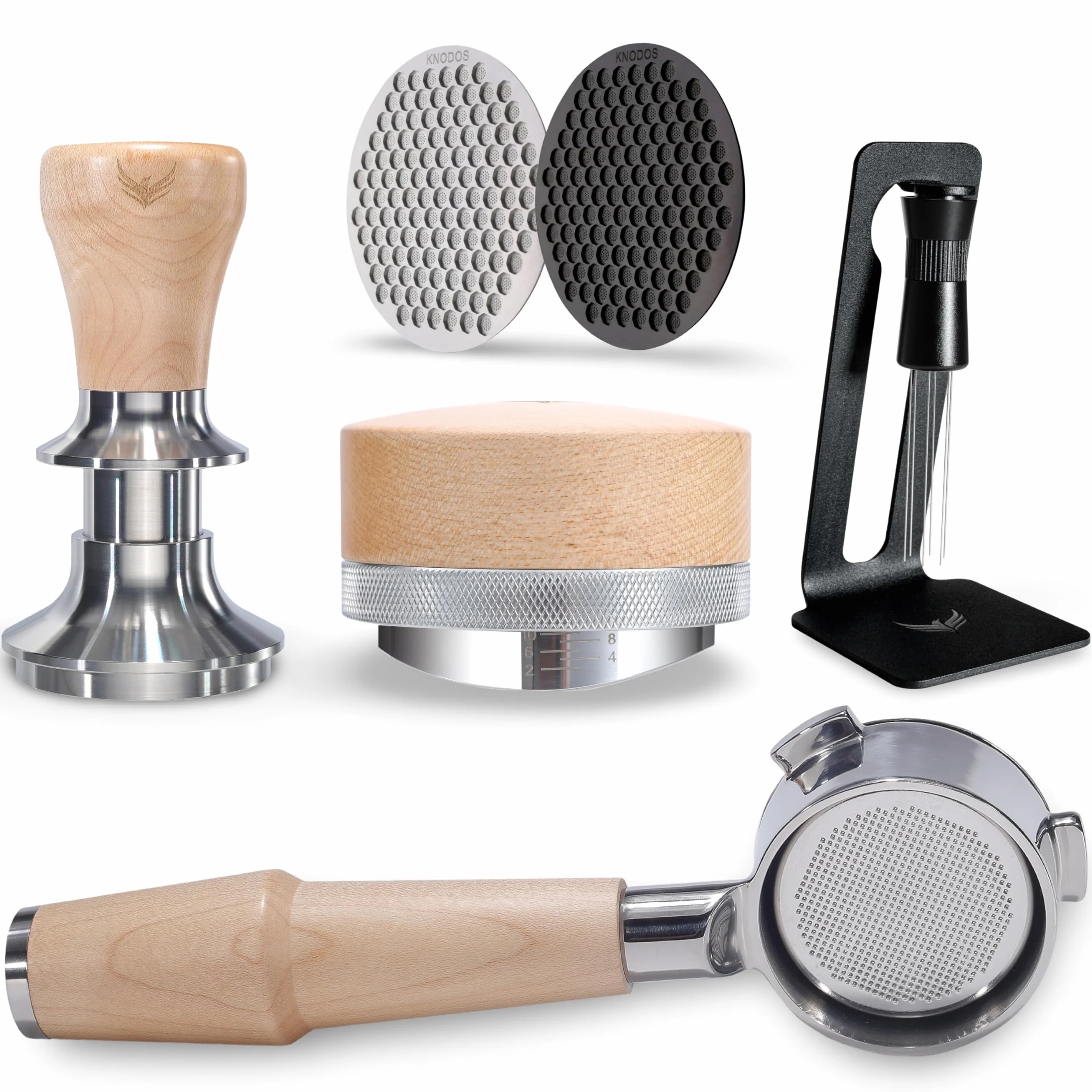 54mm Espresso Kit for Breville – Maple Bottomless Portafilter, Coffee Distributor, Tamper, WDT Tool, 2 Puck Screens – Fits Barista Express, Pro, Touch, Bambino, Infuser