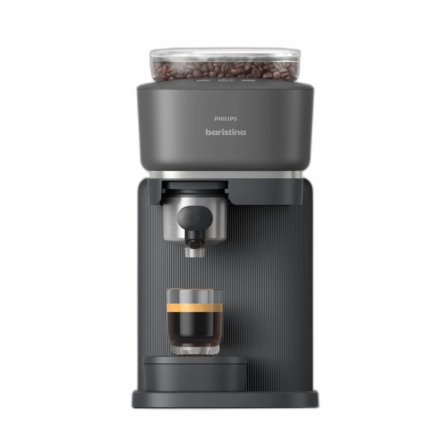 Baristina Espresso Machine, Grind, Tamp & Brew Coffee Beans in One Swipe, Compact, 16 Bar Pump Pressure, Automatic Grinder, Black with Black Portafilter (BAR300/60)