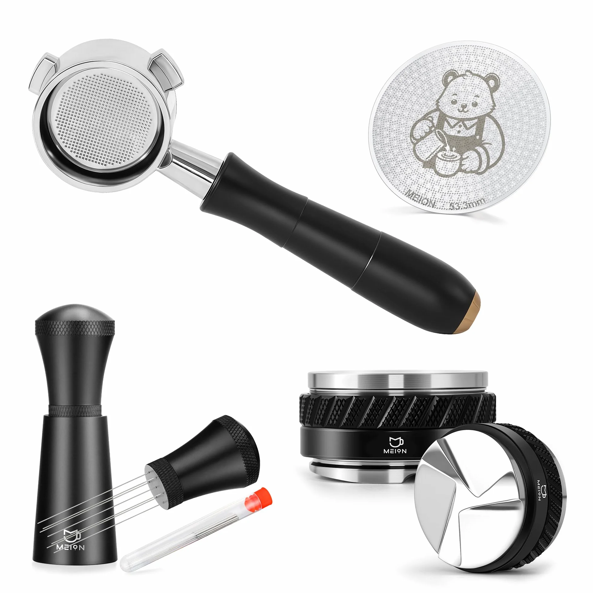 MEION 54mm Espresso Accessories Kit for 54mm Espresso Machines, Includes Bottomless Portafilter, Double-sided Coffee Distributor & Tamper, Espresso Stirrer and Thin 0.8mm Puck Screen (Black, 54mm)