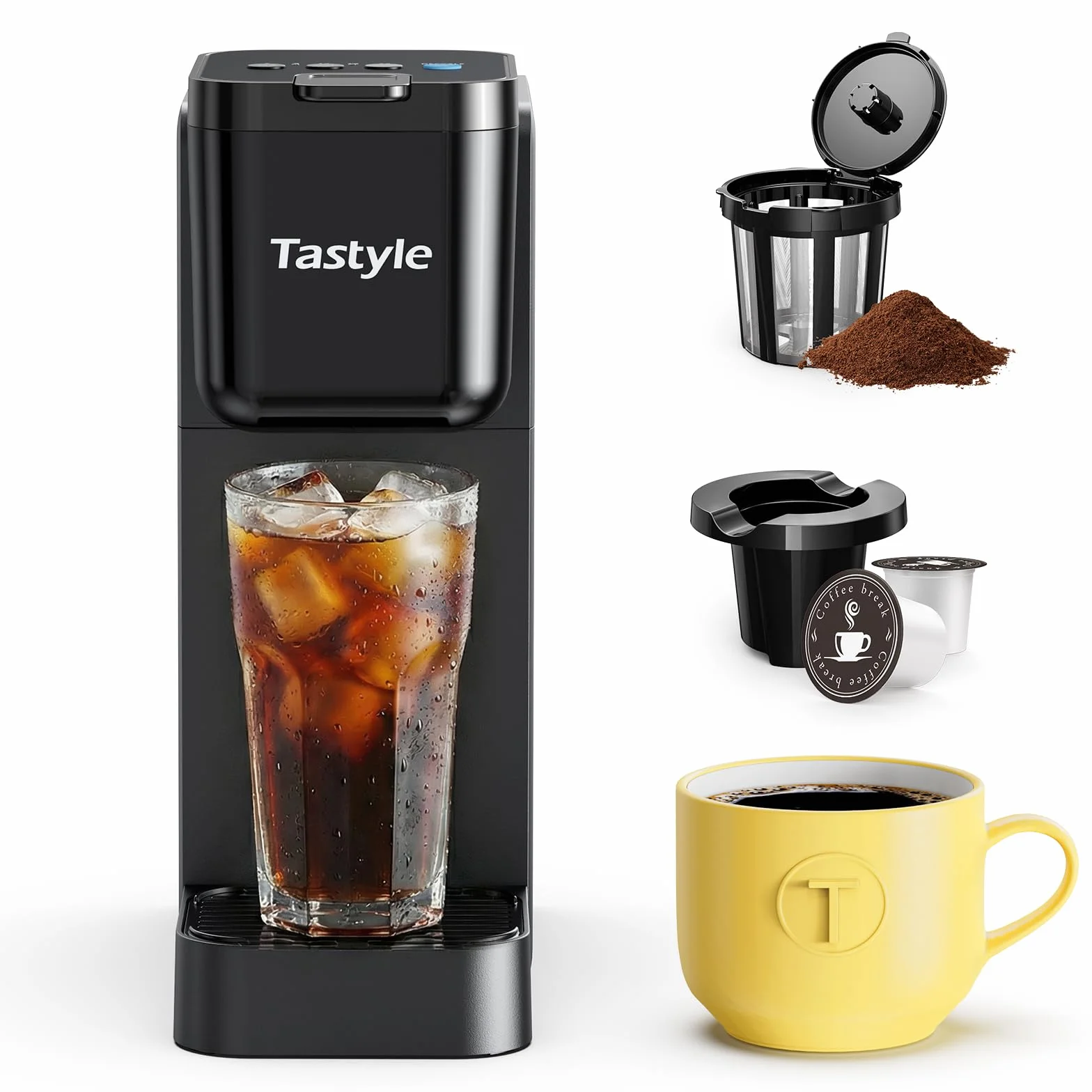 Tastyle Single Serve Coffee Maker Hot and Iced with Bold Brew, Up to 16 Oz | for Pods and Ground, Fits 7.3'' Travel Mug, 5 Cup Sizes, Compact for Office, RV& Hotel, 3.0 Version, Black