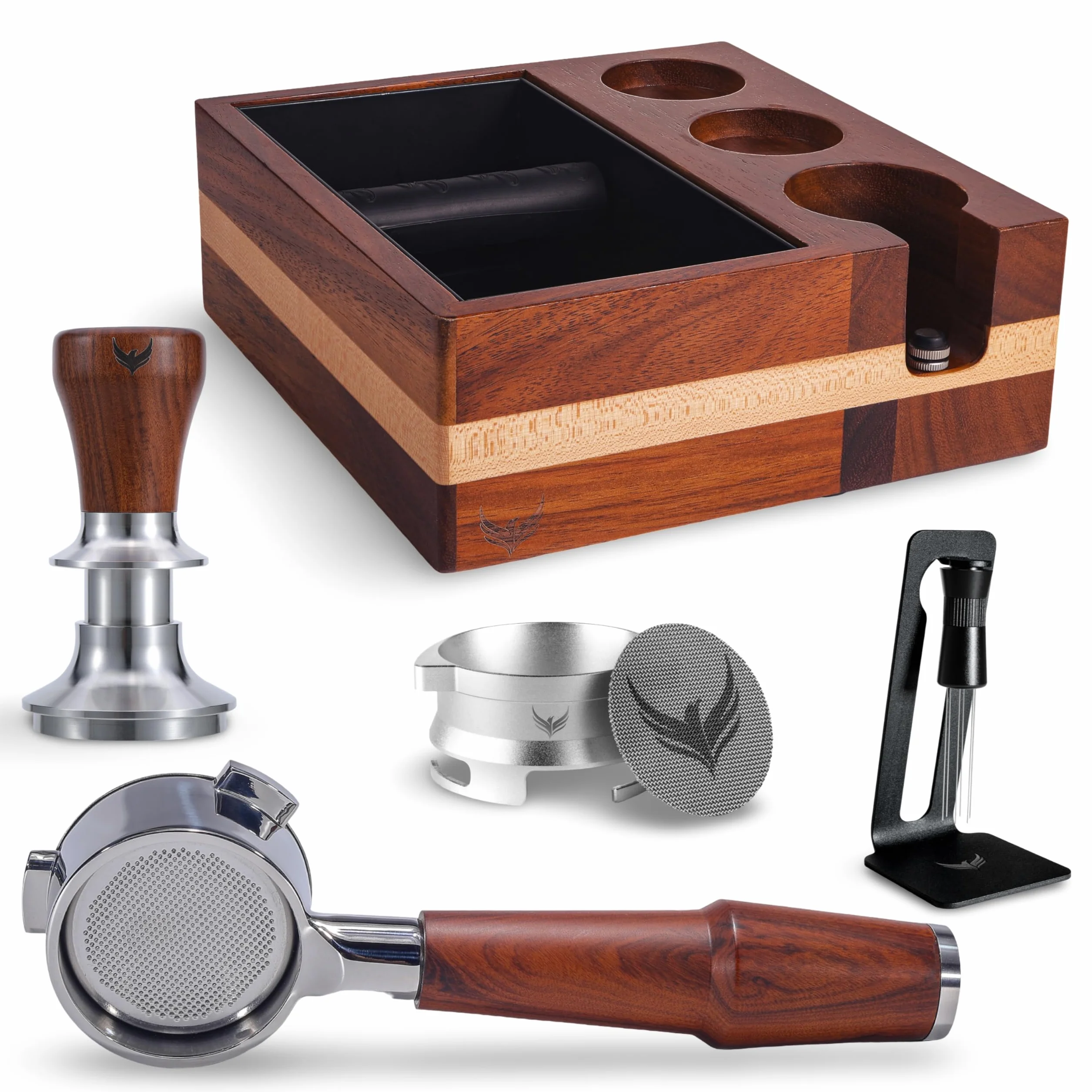 54mm Espresso Accessorries Kit Includes Spring Tamper, Bottomless Portafilter, Knock Box, Dosing Funnel Set & Magnetic WDT Tools Barista Essentials Kit
