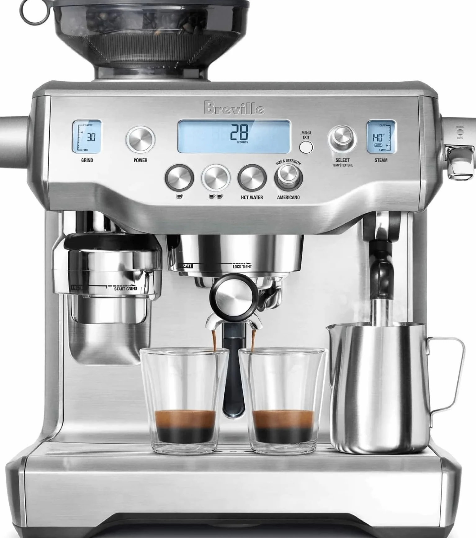 Espresso Machine, Brushed Stainless Steel | Brew barista-quality espresso shots, lattes and cappuccinos with this fully-automatic coffee maker with built-in grinder