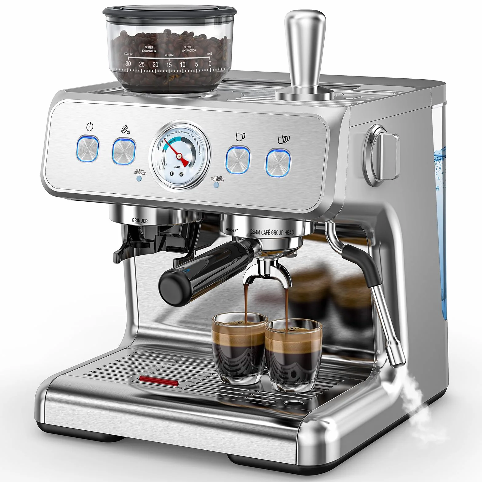 20 Bar Espresso Machine with Grinder & Milk Frother Steam Wand, 58mm Expresso Coffee machines, Commercial Stainless Steel Coffee Maker for Cappuccino and Latte, Perfect for Home Café-Stainless