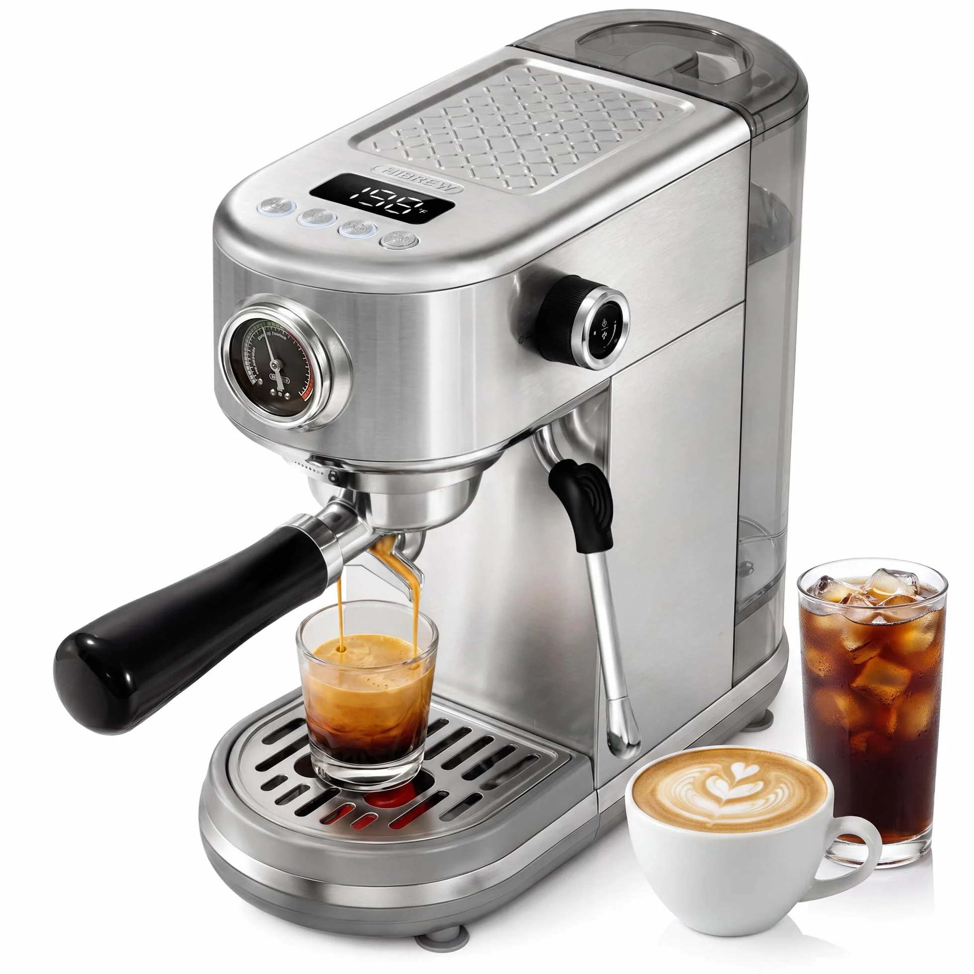 Programmable Espresso Machine with LED Display & Pressure Gauge | 20 Bar Compact Stainless Steel Coffee Maker with Milk Frother, 51mm Portafilter for Cappuccino Latte