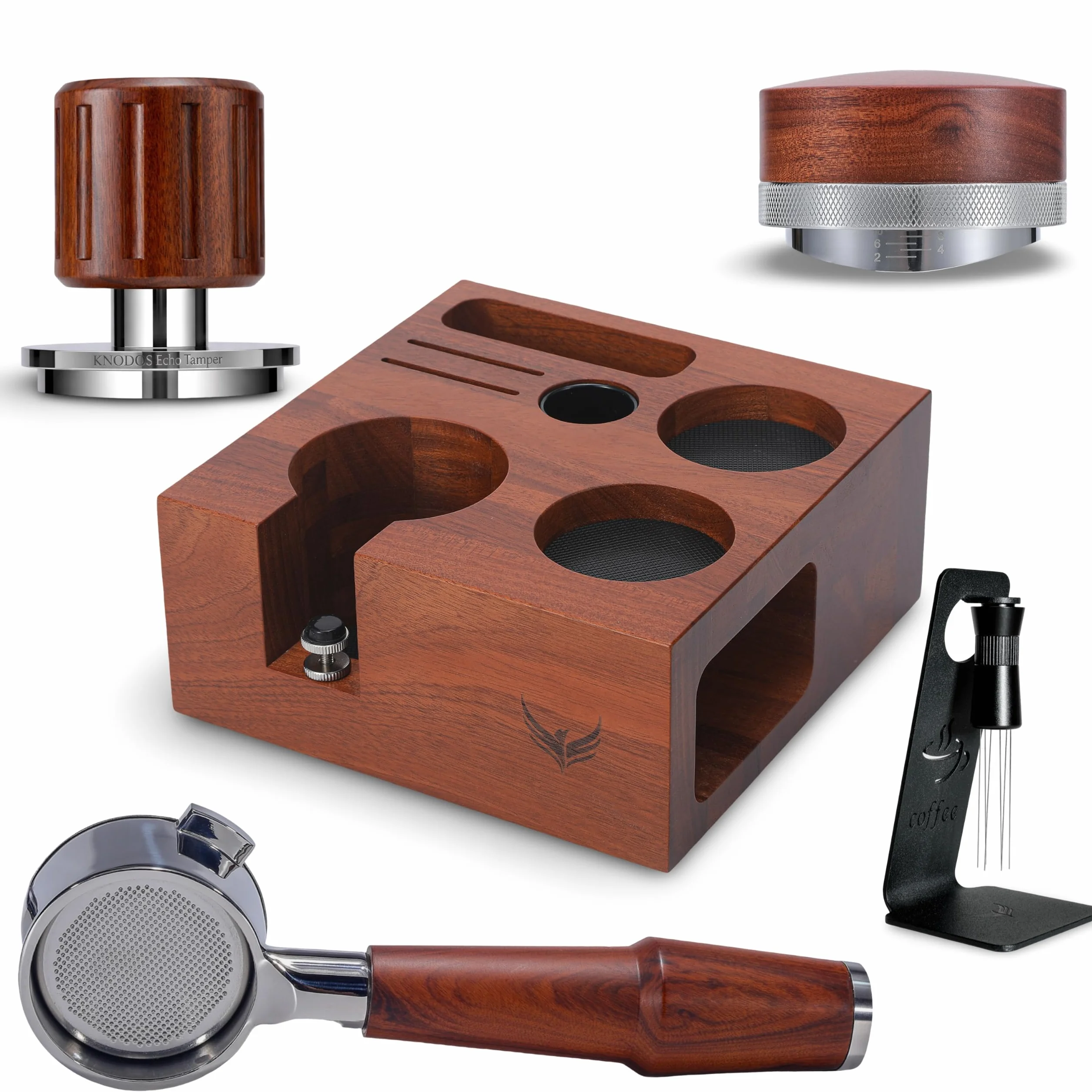 Espresso Tool Set 54mm Rosewood – Calibrated Click Tamper, Bottomless Portafilter, Organizer Station, Coffee Leveler & WDT Tool For 54mm Machines