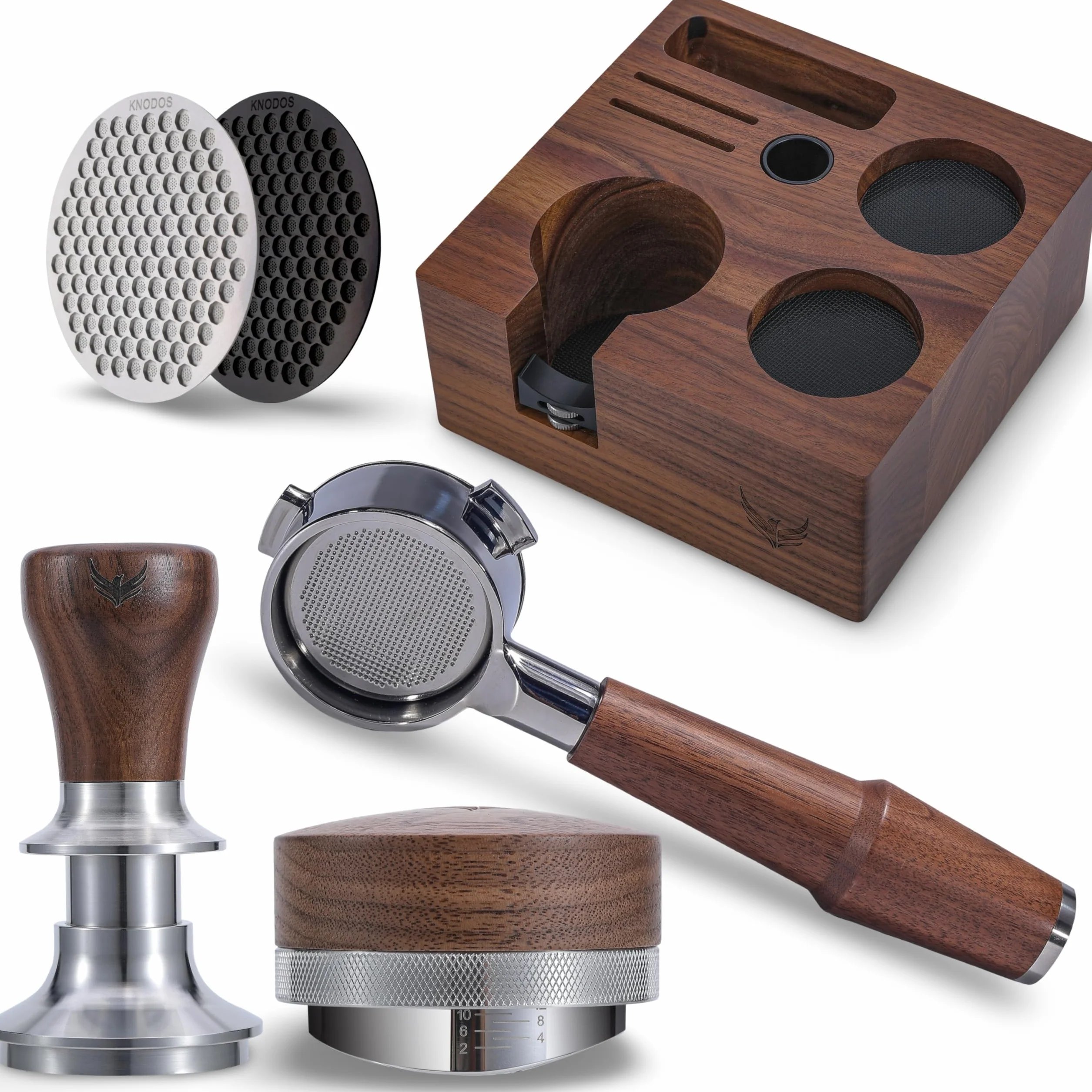 54mm Espresso Accessories Kit – Espresso Machine Accessories Set with Walnut Tamper, Distribution Tool, Tamping Station, Naked Portafilter & Puck Screen – Fits 54mm Machines