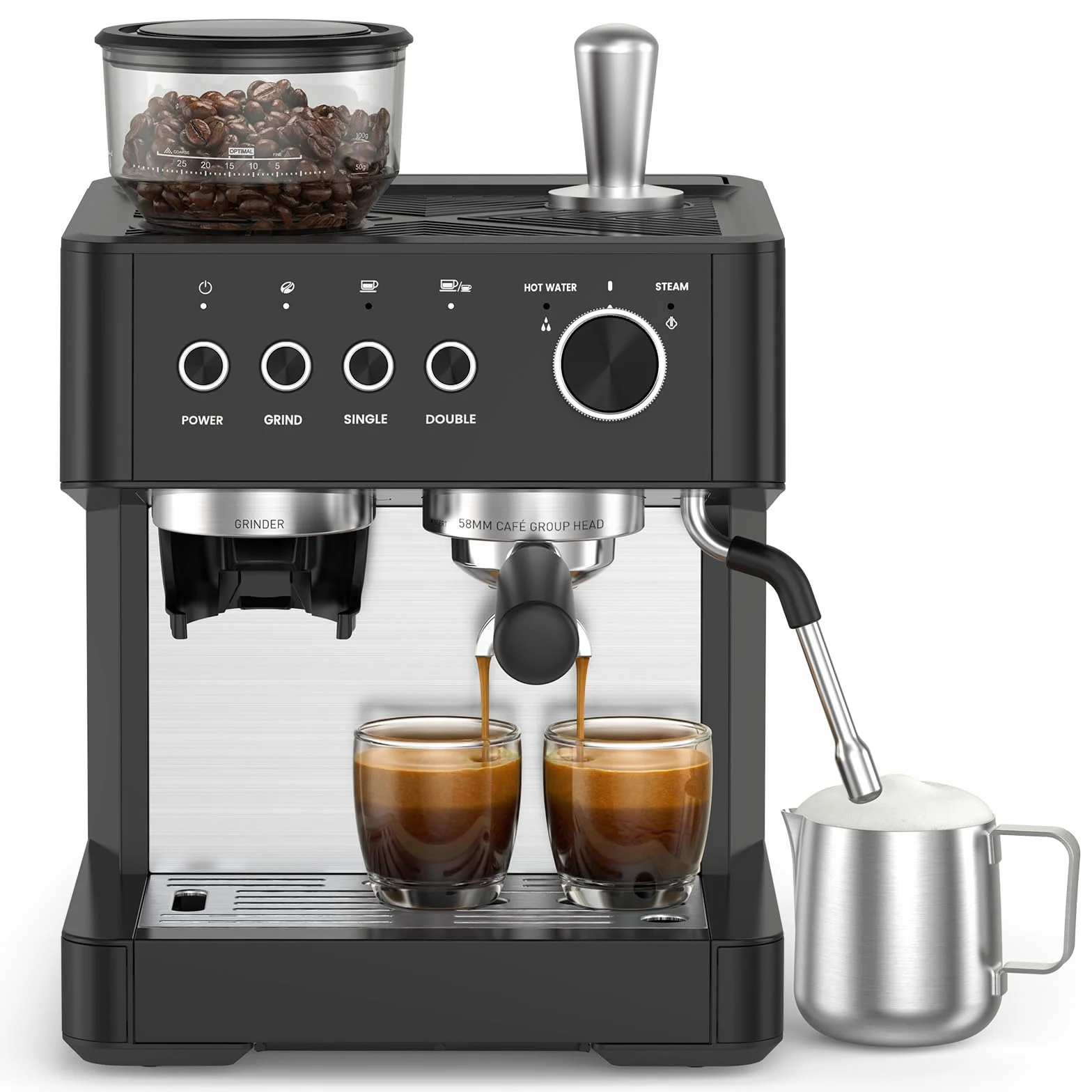 20-Bar Espresso Machine with Grinder, Expresso Coffee Machines Coffee Maker with Grinder, Milk Frother/Steam Wand & Tamping Tools for Cappuccino & Latte