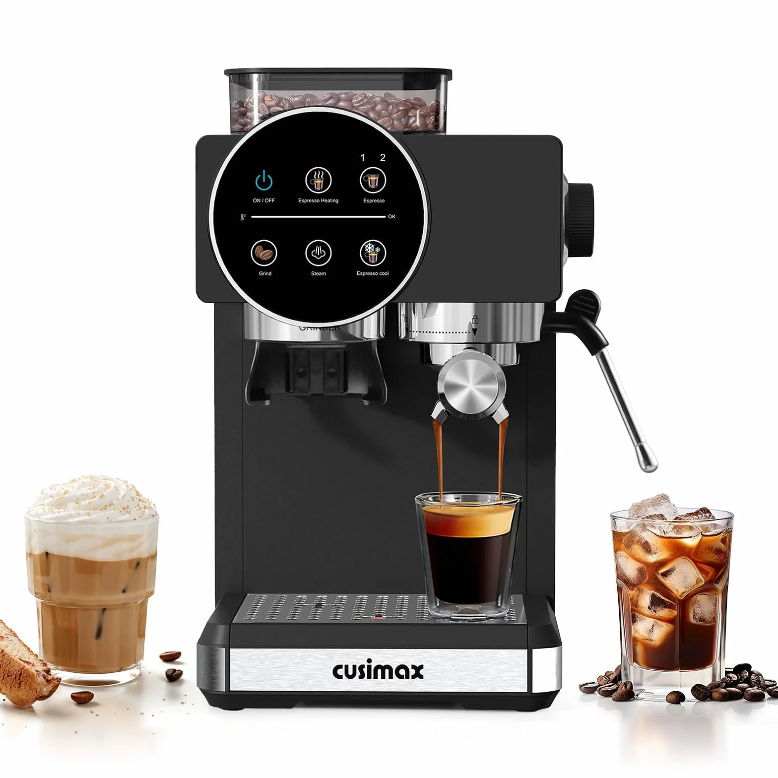 Espresso Machine with Grinder, 20 Bar Professional Expresso Coffee Machines with Milk Frother Steam Wand, Espresso Maker with 60oz Removable Water Tank, Cappuccino & Latte Machine for Home