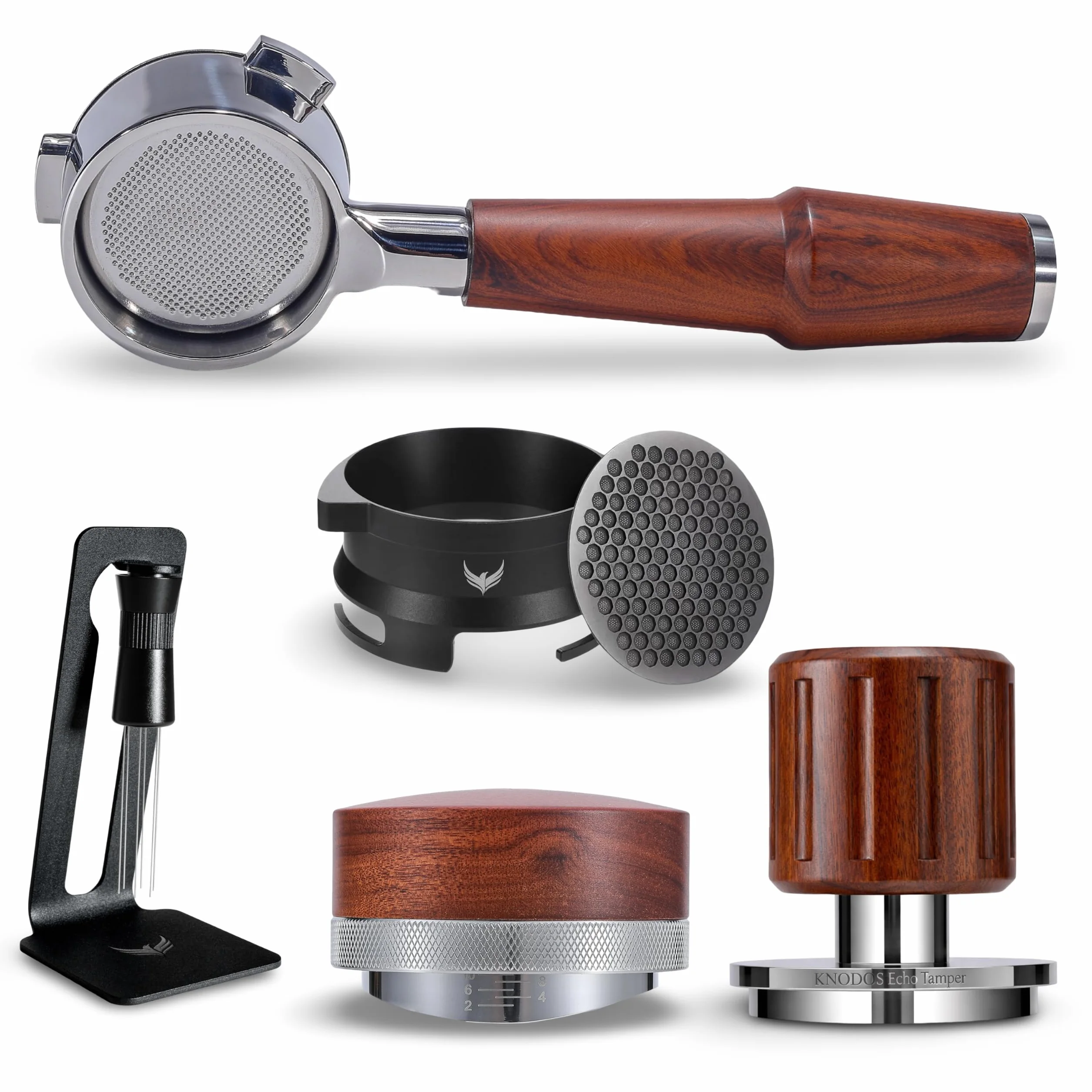 Coffee Machine Accessories Kit 54mm Rosewood – Bottomless Portafilter, Click Tamper, Coffee Leveler, Dosing Funnel, Puck Screen & WDT Tool For Barista Express, Pro & Touch