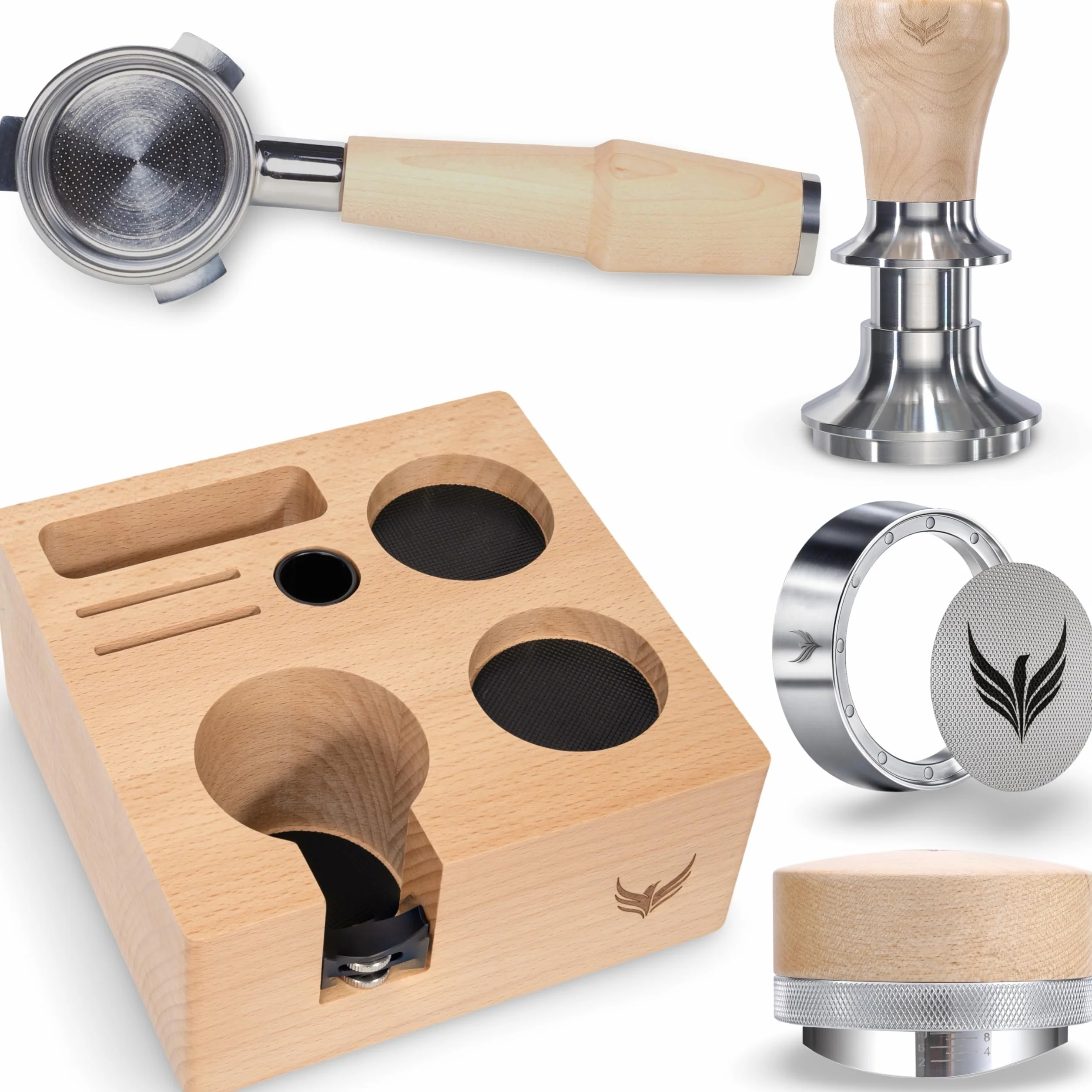 54mm Kit Includes Wooden Espresso Organizer, Calibrated 30lb Tamper, Distribution Tool, Espresso Funnel with Puck and 54mm Bottomless Portafilter