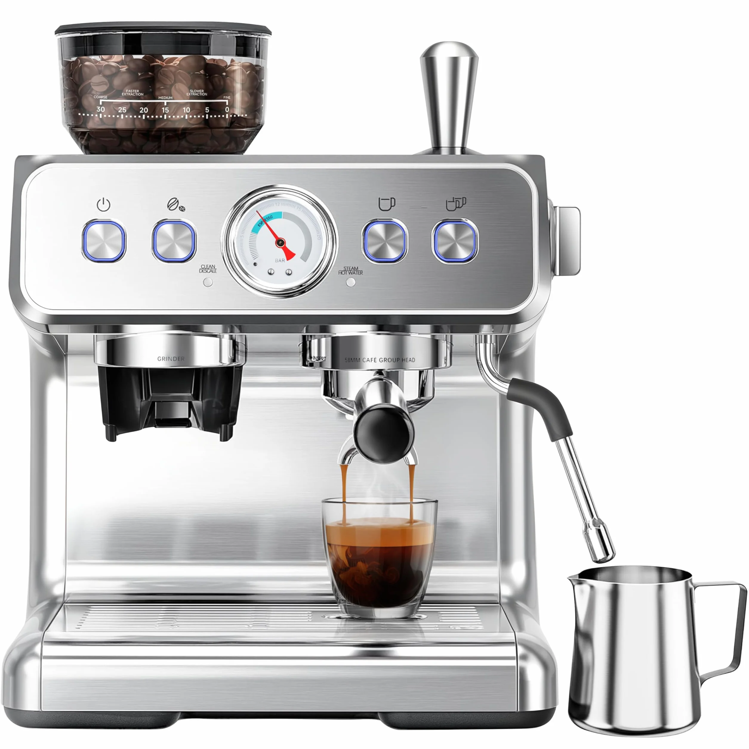 Espresso Machine with Grinder, 20 Bar Automatic Espresso Maker with Milk Frother Steam Wand, Removable Water Tank, Latte & Cappuccino Machine for Home Barista