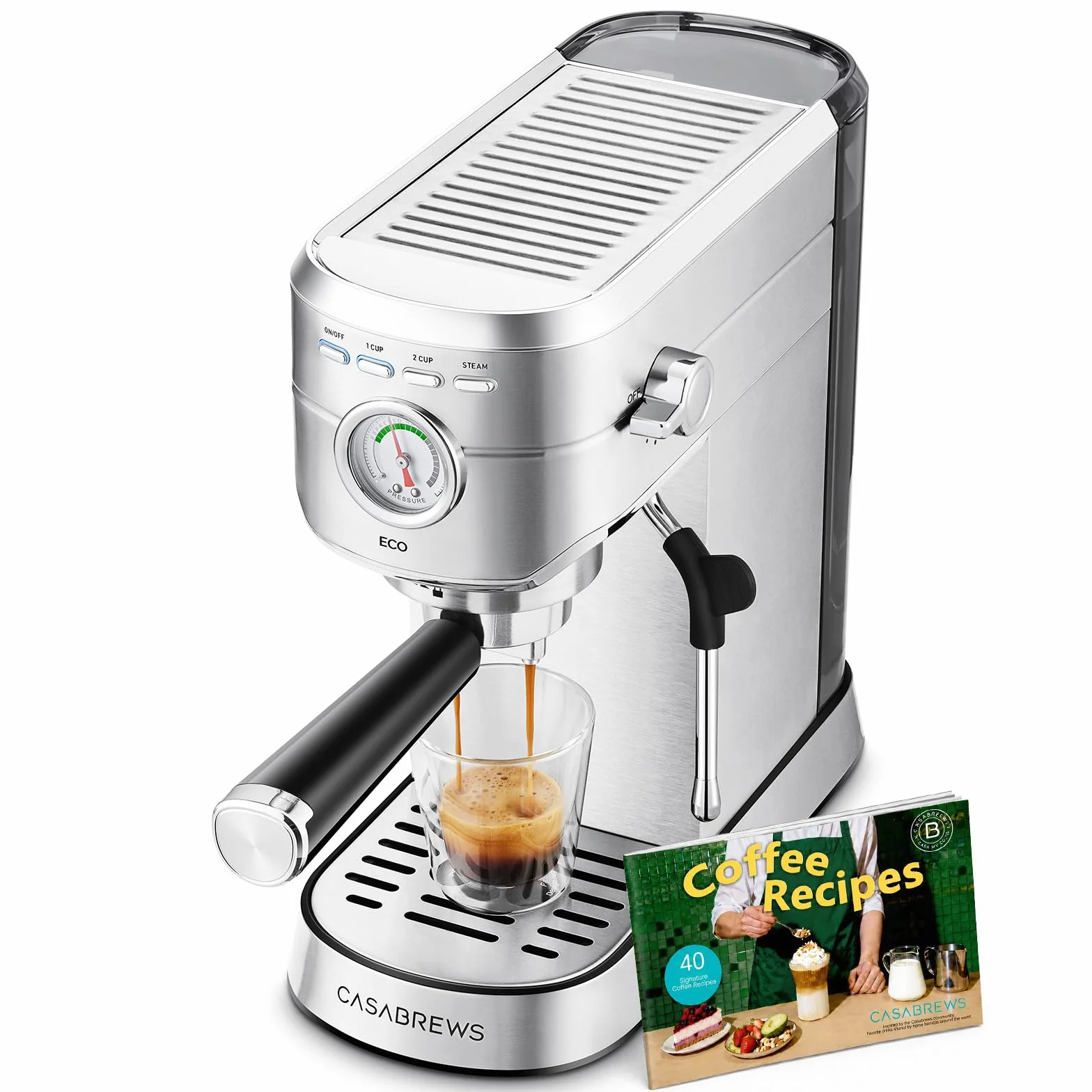PFAS-Free Espresso Machine with Milk Frother Steam Wand | Non-Toxic, Stainless Steel, 20-Bar, Built-in Pressure Gauge, Powerful Steam Wand for Cappuccino, Small, 34oz Water Tank