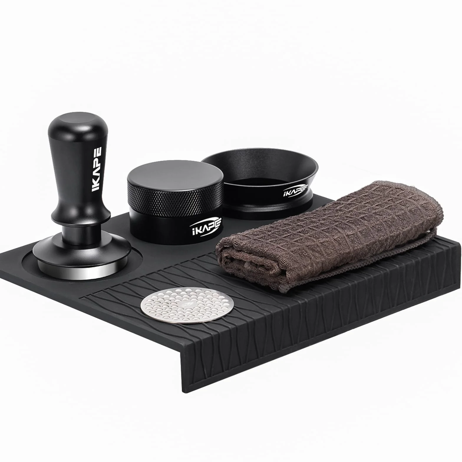 53MM Coffee Tamper Set Black 6 IN 1, Espresso Tool Kit for Making Perfect Shots – Tamper, Distributor, Funnel, Mat, Screen, and Towel