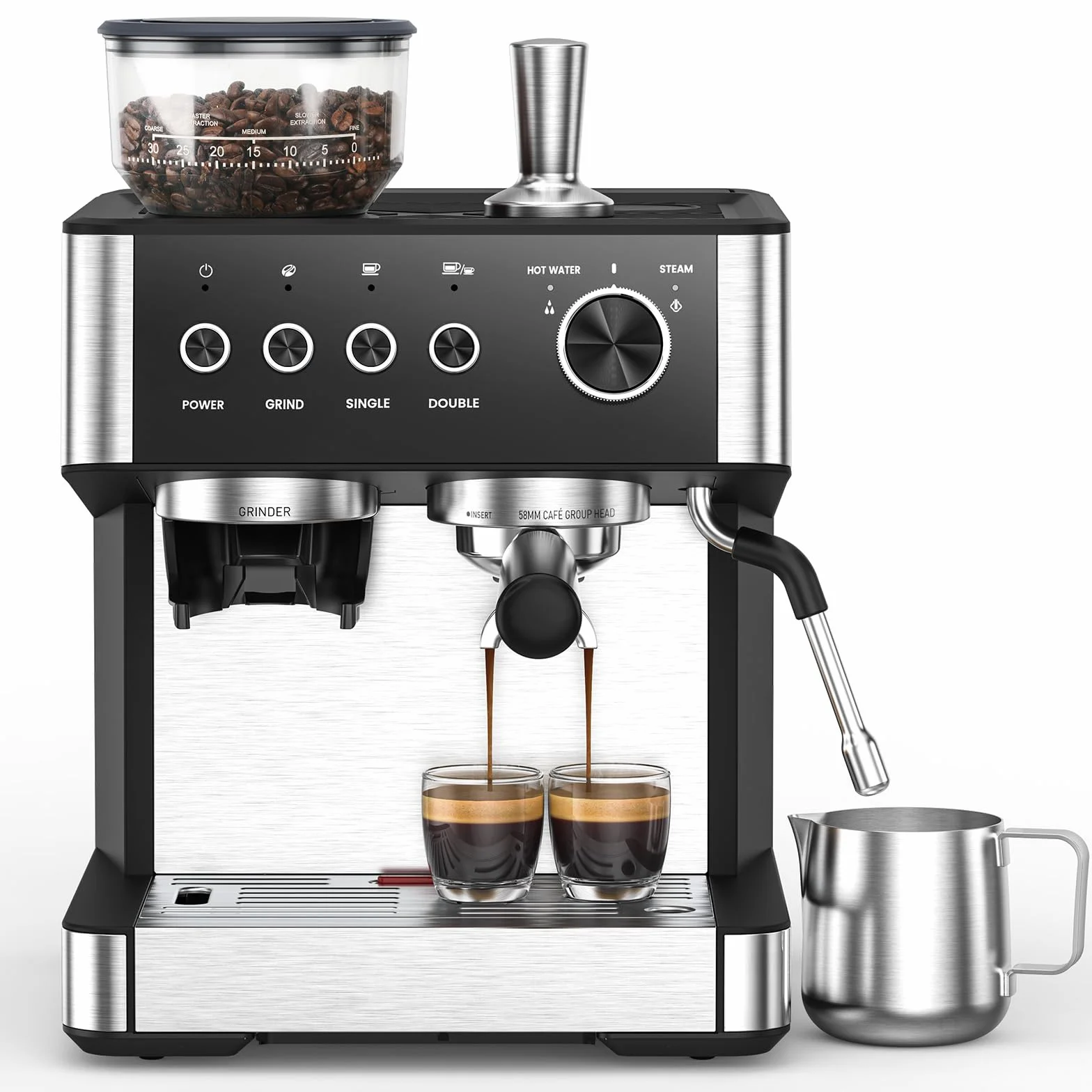 Espresso Machine 15 Bar with Built-in Anti-Clog Coffee Grinder, Stainless Steel Coffee Maker with 77.8 oz Removable Water Tank for Cappuccino/Latte, Home&Office, Black