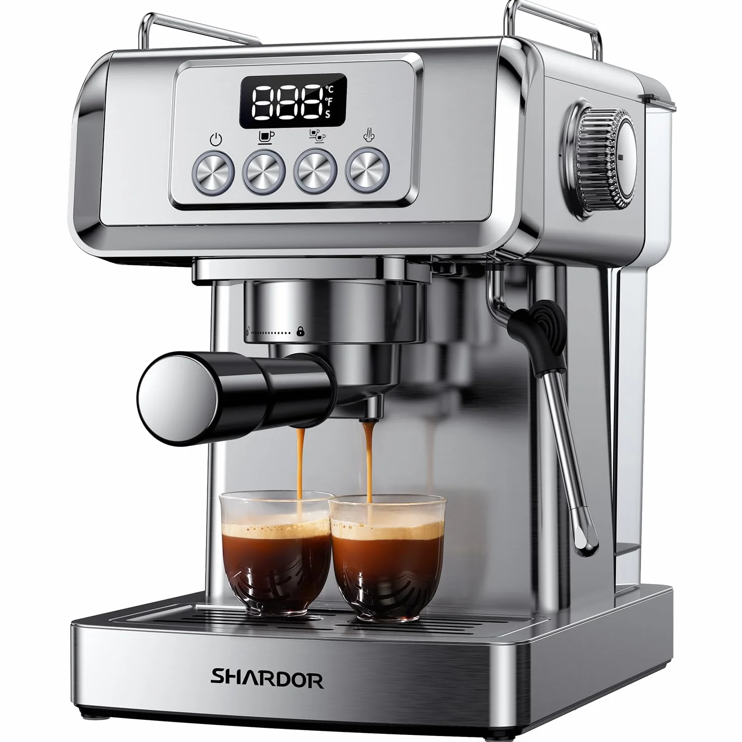20 Bar Espresso Machine for Home with LCD Display and Steam Wand | Stainless Steel Body, 60oz Water Reservoir, 30s Fast Heat, Single/Double Shot, Latte & Cappuccino, Cup Warmer, 1350W