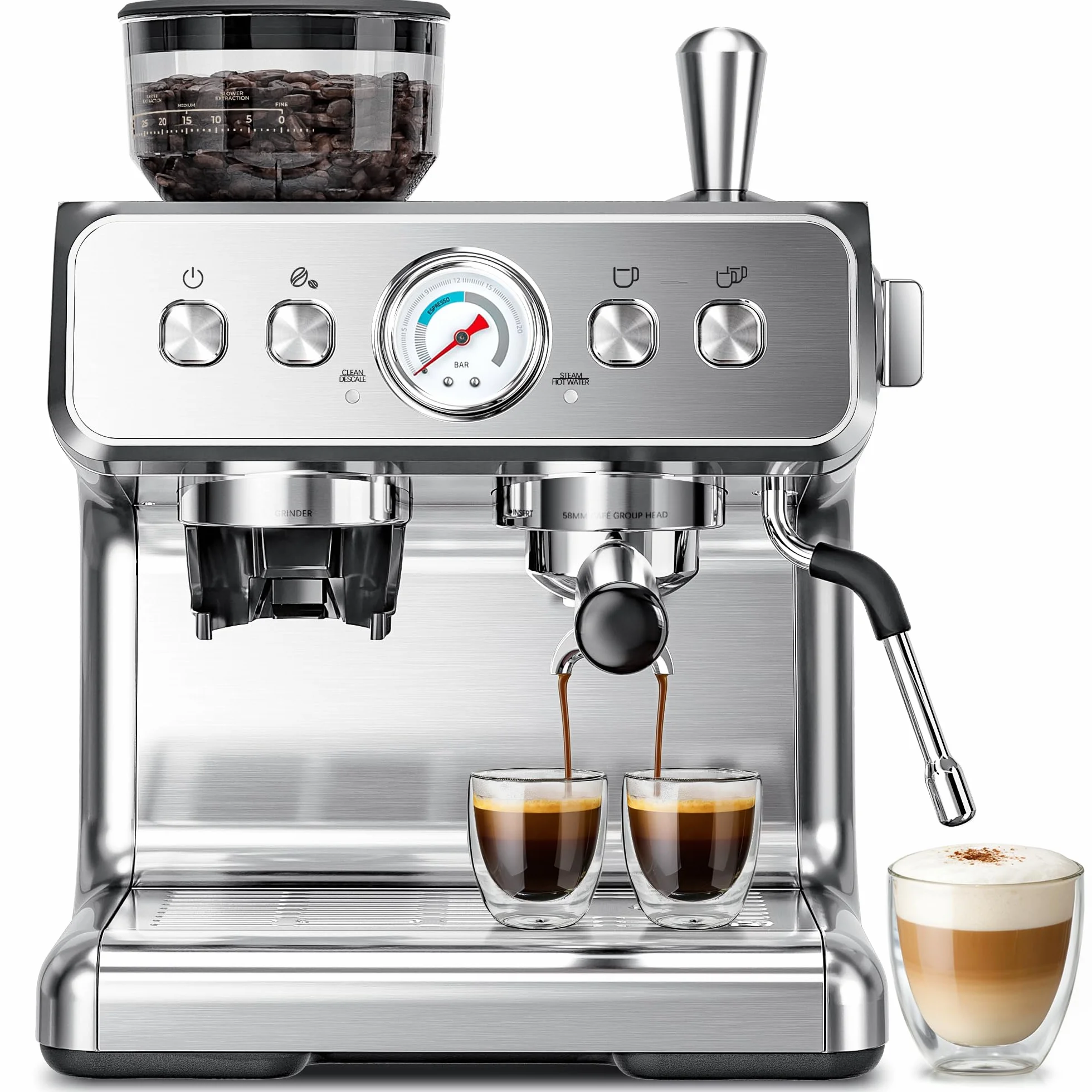 Espresso Machine with Grinder, 20 Bar Expresso Coffee Machines with Milk Frother, 58mm Expresso Machines for Home, Perfect for Cappuccino & Latte, Stainless Steel(2026 Upgrade)
