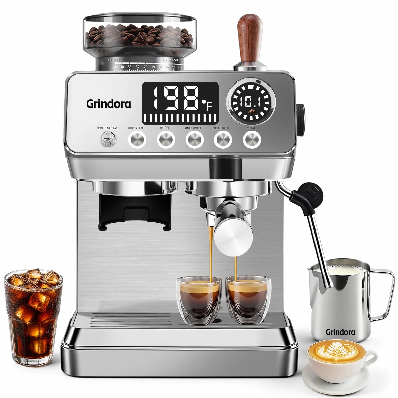 Espresso Machine, 20 Bar, 44 Grind Settings | Built-in grinder, milk frother, 44 grind settings, compact design,temp control