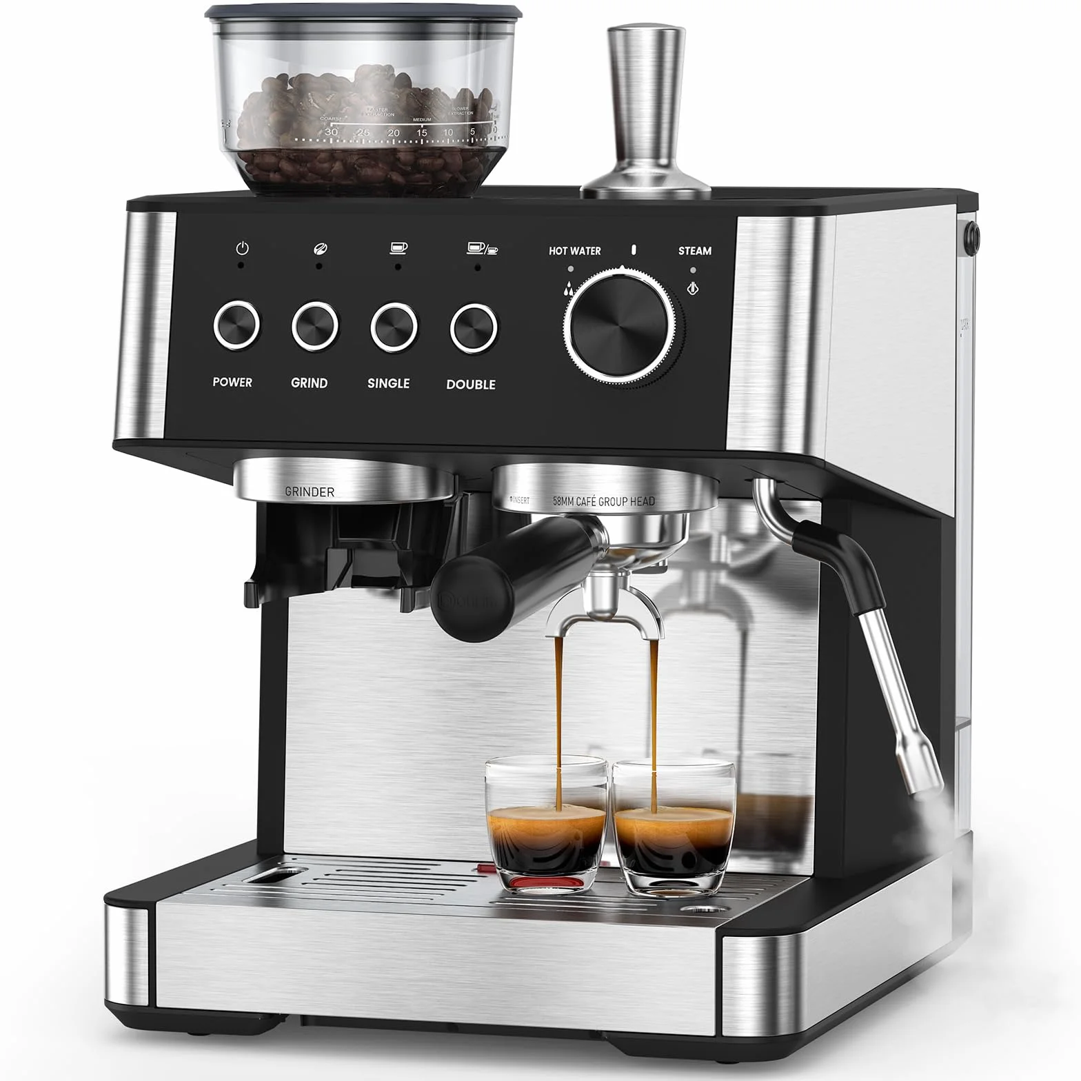 20 Bar Espresso Machine with Grinder & Milk Frother-Black | Commercial Espresso Coffee Machine with Grinder, Stainless Steel Coffee Maker, 58mm Portafilter, Home Café, Kitchen, Office