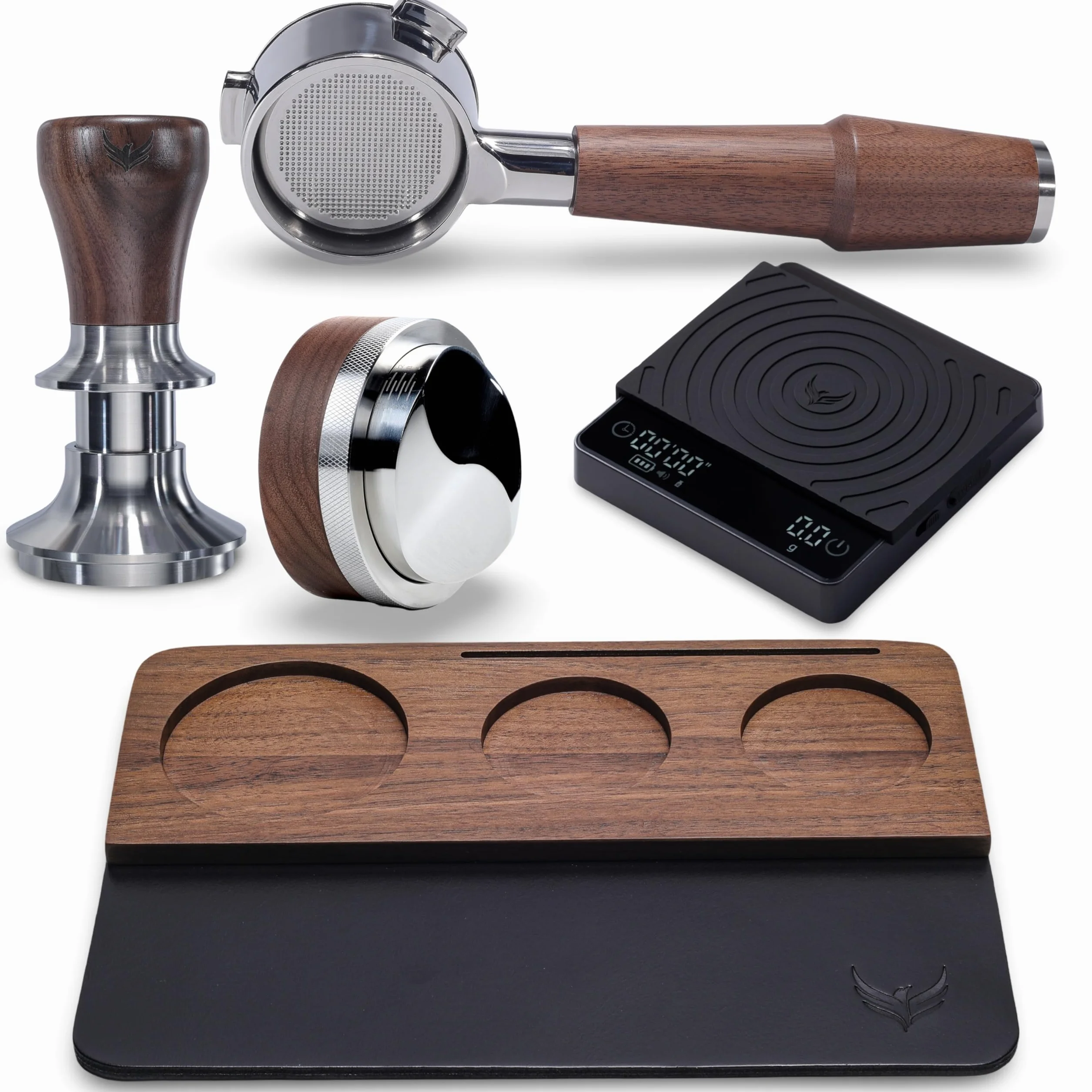 Espresso Tamper Kit 54mm for 54mm Machines with Walnut Bottomless Portafilter, Distribution Tool, Leather Tamping Mat Organizer & Coffee Machine Scale