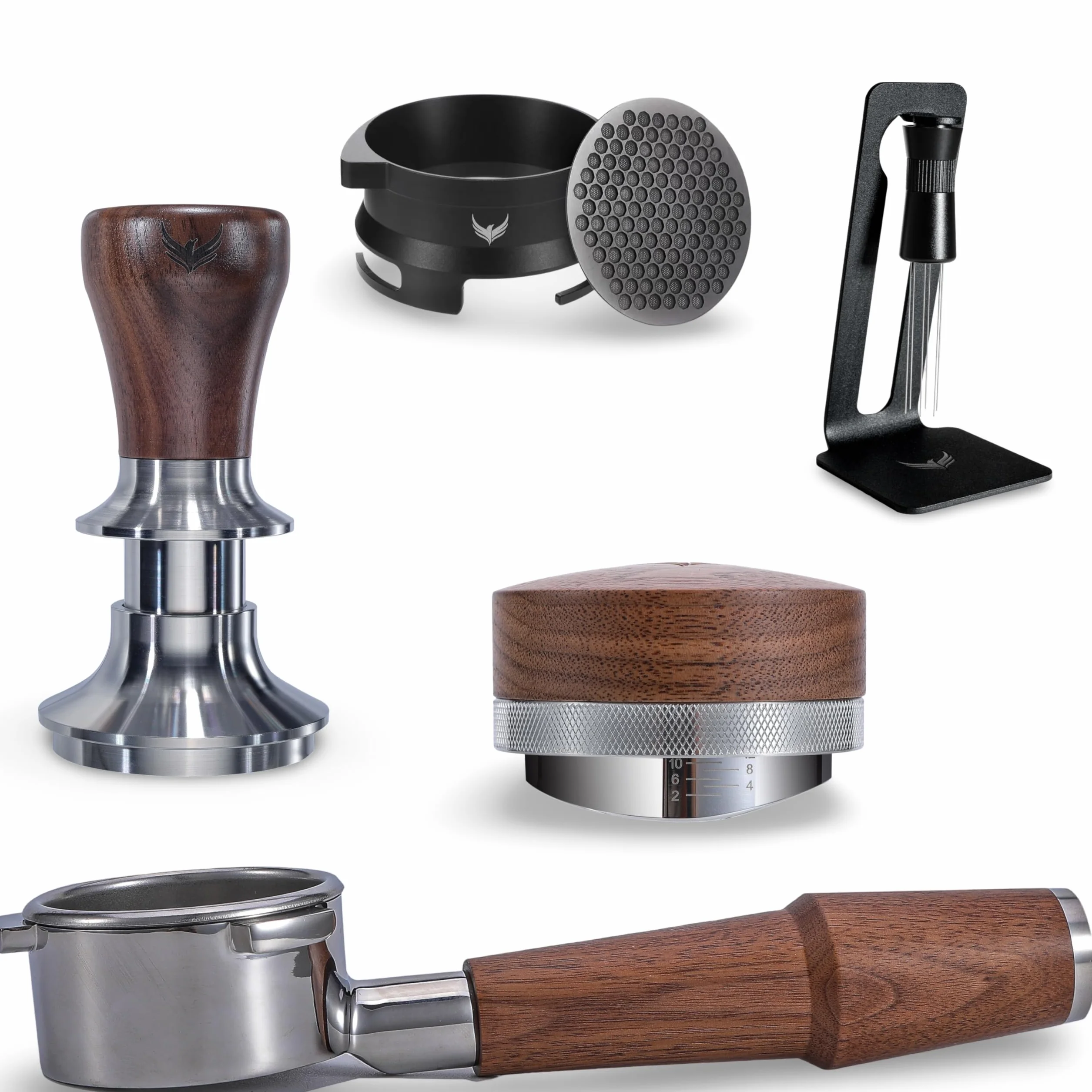 54mm Espresso Machine Accessories Kit Complete 6-Piece Barista Set with Walnut Calibrated Tamper, Distribution Tool, Bottomless Portafilter, Espresso Funnel, Puck Filter& WDT Tool