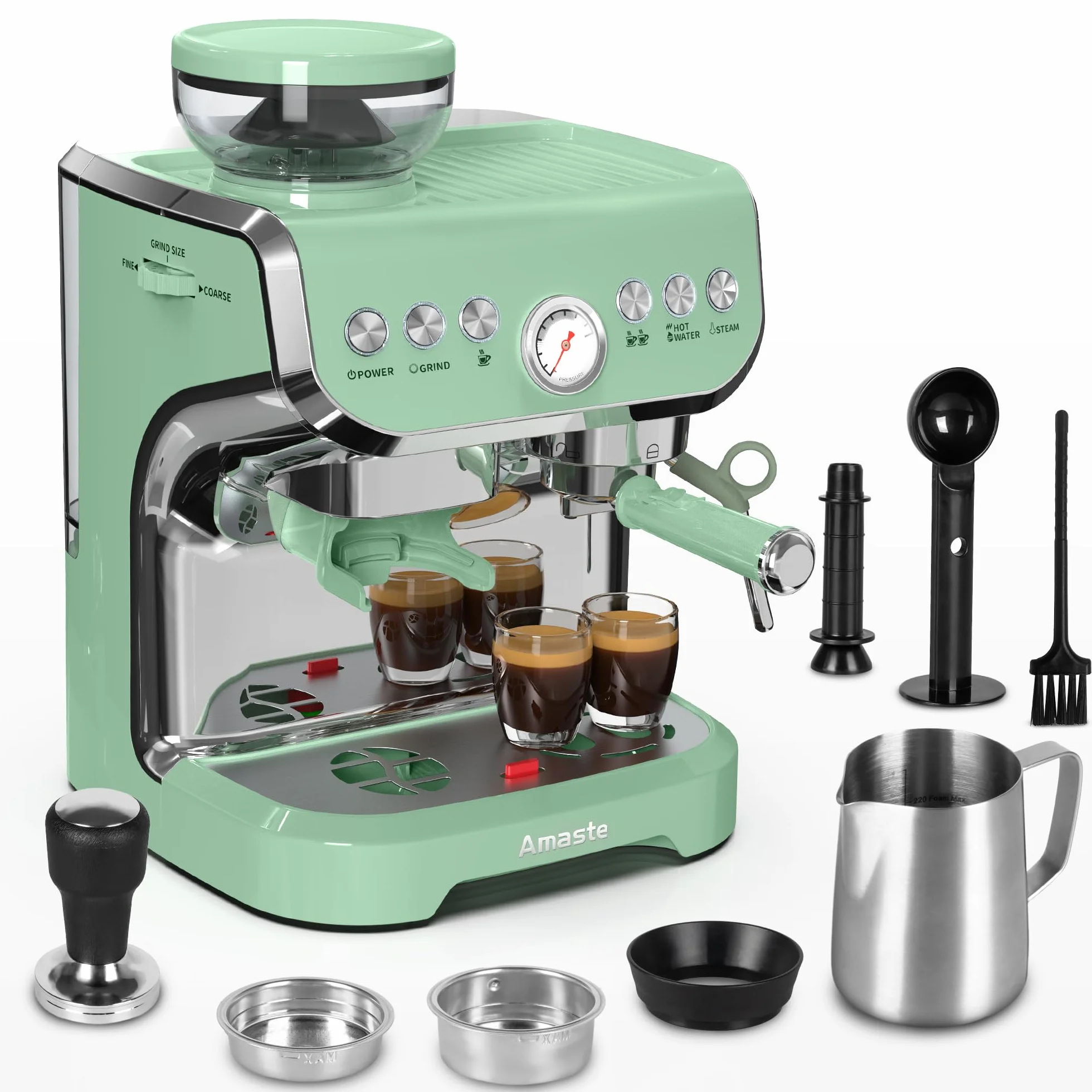 Espresso Machine with Grinder and Steam Wand, Retro Green | 15-bar pump, 15 grind settings, pre-infusion, pressure gauge and 68 oz tank for espresso, lattes and cappuccinos at home