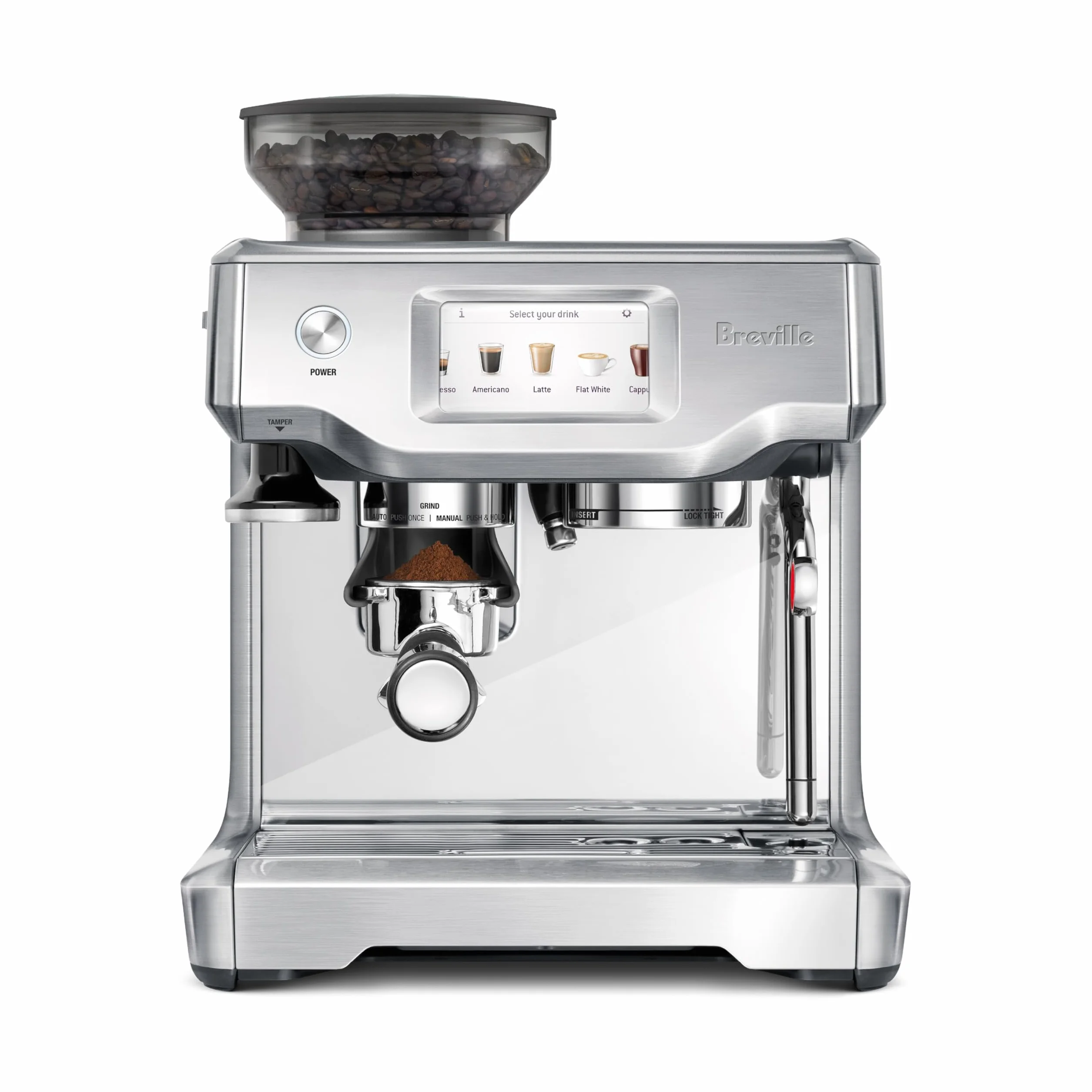 BES880BSS Barista Touch Espresso Machine, Brushed Stainless Steel | Pull barista-quality espresso shots, lattes and cappuccinos at home with semi-automatic coffee maker with built-in grinder