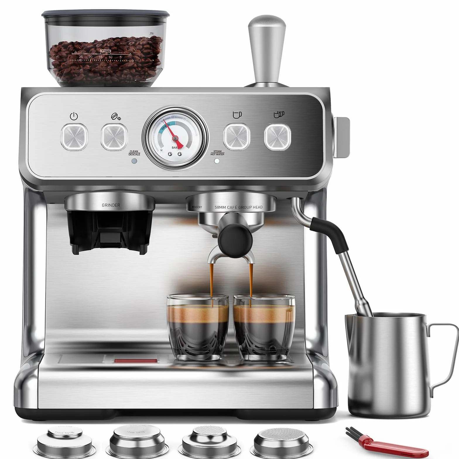 15 Bar Espresso Machine with Grinder & Milk Frother, 58mm Expresso Coffee machines, Stainless Steel Coffee Maker for Cappuccino and Latte, Perfect for Home and Café Use-Dual Boiler