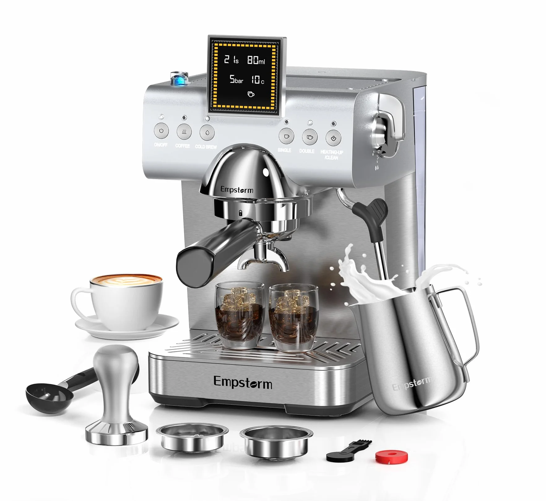 CB2 20 Bar Espresso Machine with Milk Frother Steam 1350W Silver | LED Display Compact Espresso maker Cold Brew& Hot Coffee Maker, Cappuccino Expresso for Home and Office