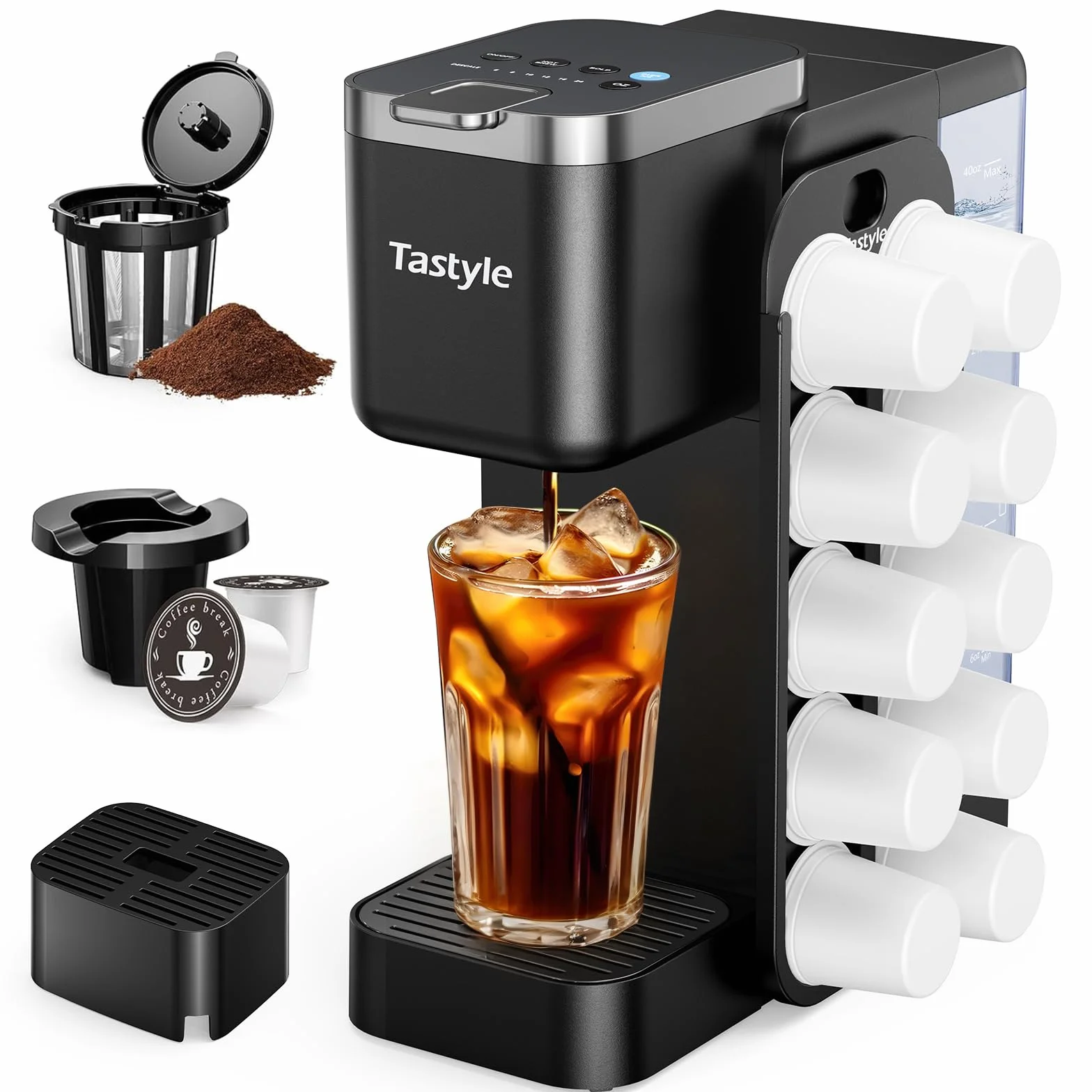 Tastyle Hot & Iced Coffee Maker with Magnetic Pod Holder, Fits 7.3'' Mug | Stores 10 Pods, for Coffee Pods & Grounds, Compact for Home, Office & RV, Brew 6-24oz Coffee, 40 oz Removable Tank, Black