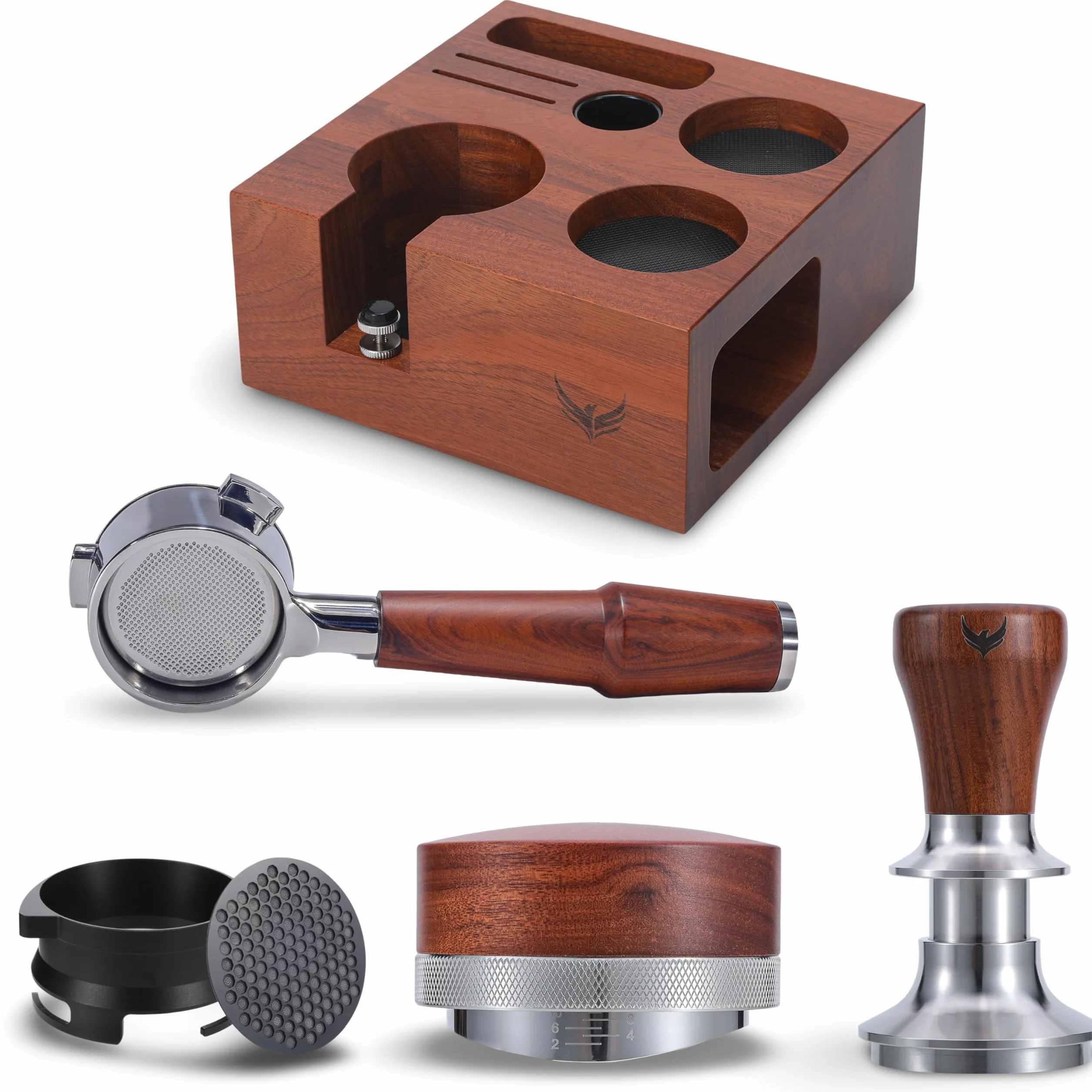 54mm Accessories Set – Rosewood Naked Portafilter, Coffee Tamper, Espresso Leveler, Tamp Station, Portafilter Funnel & Espresso Filter Screen