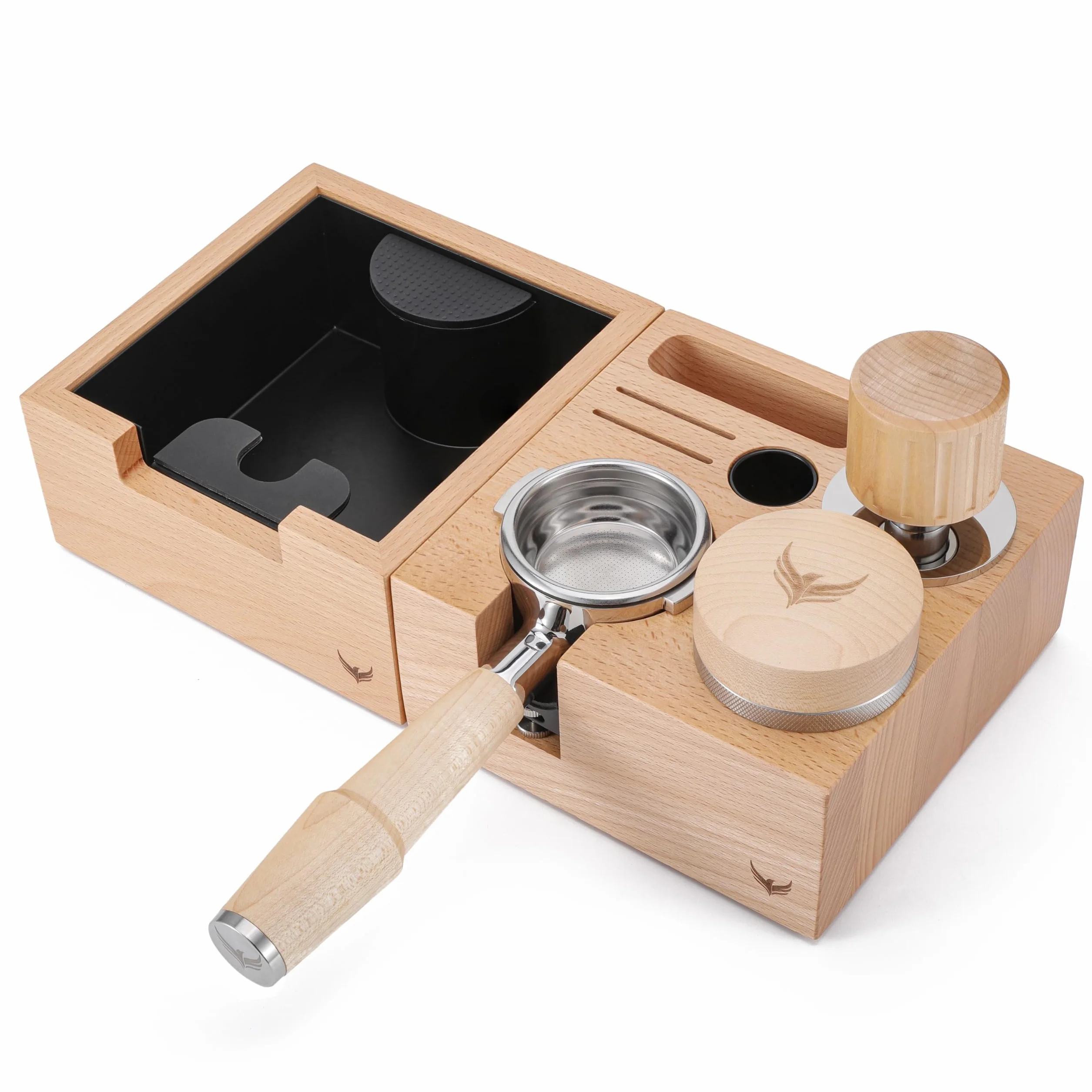 Barista Accessories Kit 54mm Maple & Beech – Bottomless Portafilter, Click Tamper, Coffee Leveler, Tamping Station & Knock Box For 54mm Espresso Machines